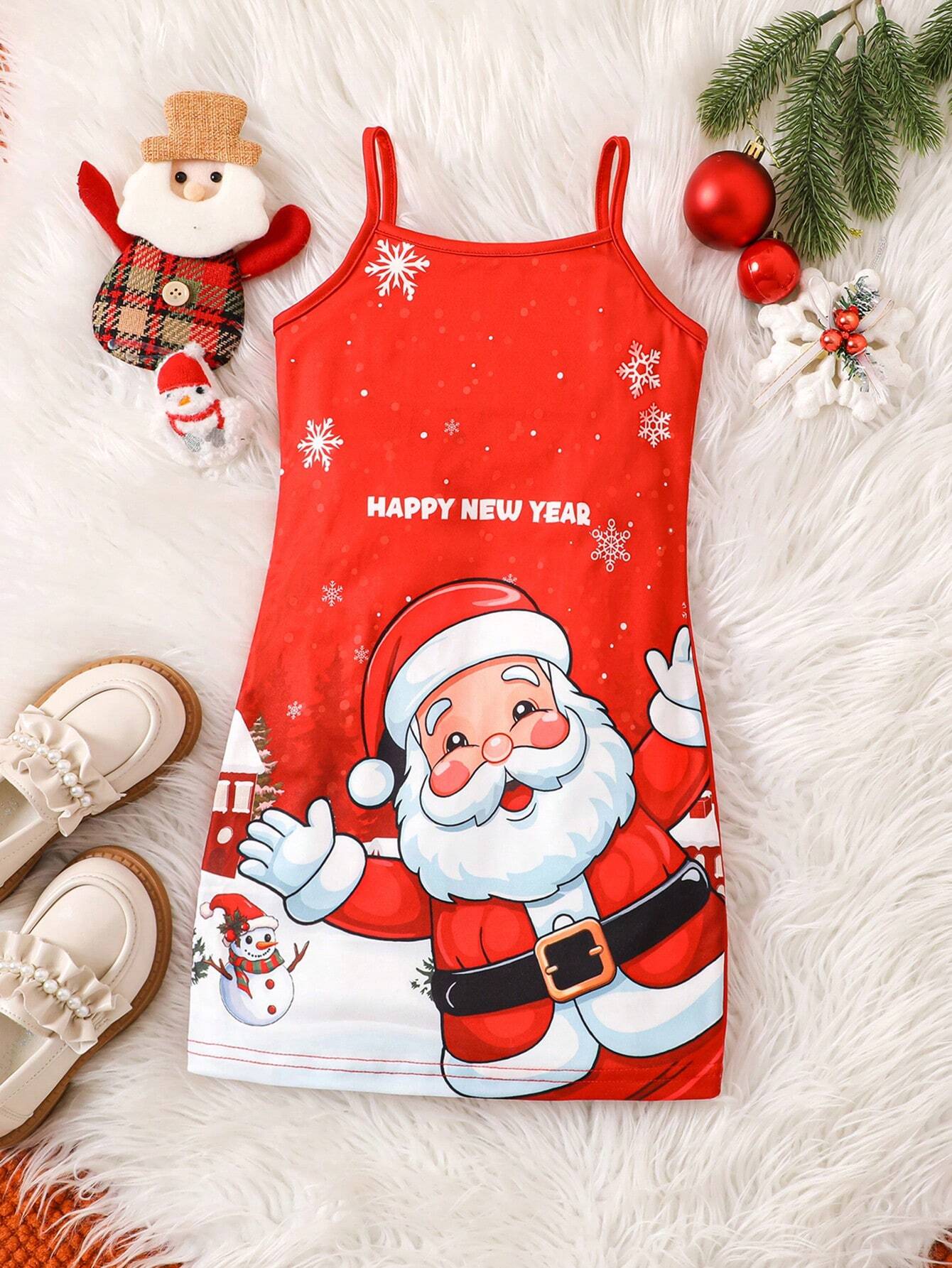 Young Girl Casual Christmas Santa Claus Print Cami Dress, Fall/Winter