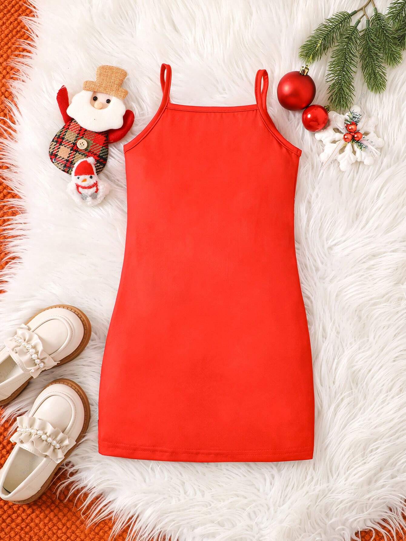 Young Girl Casual Christmas Santa Claus Print Cami Dress, Fall/Winter