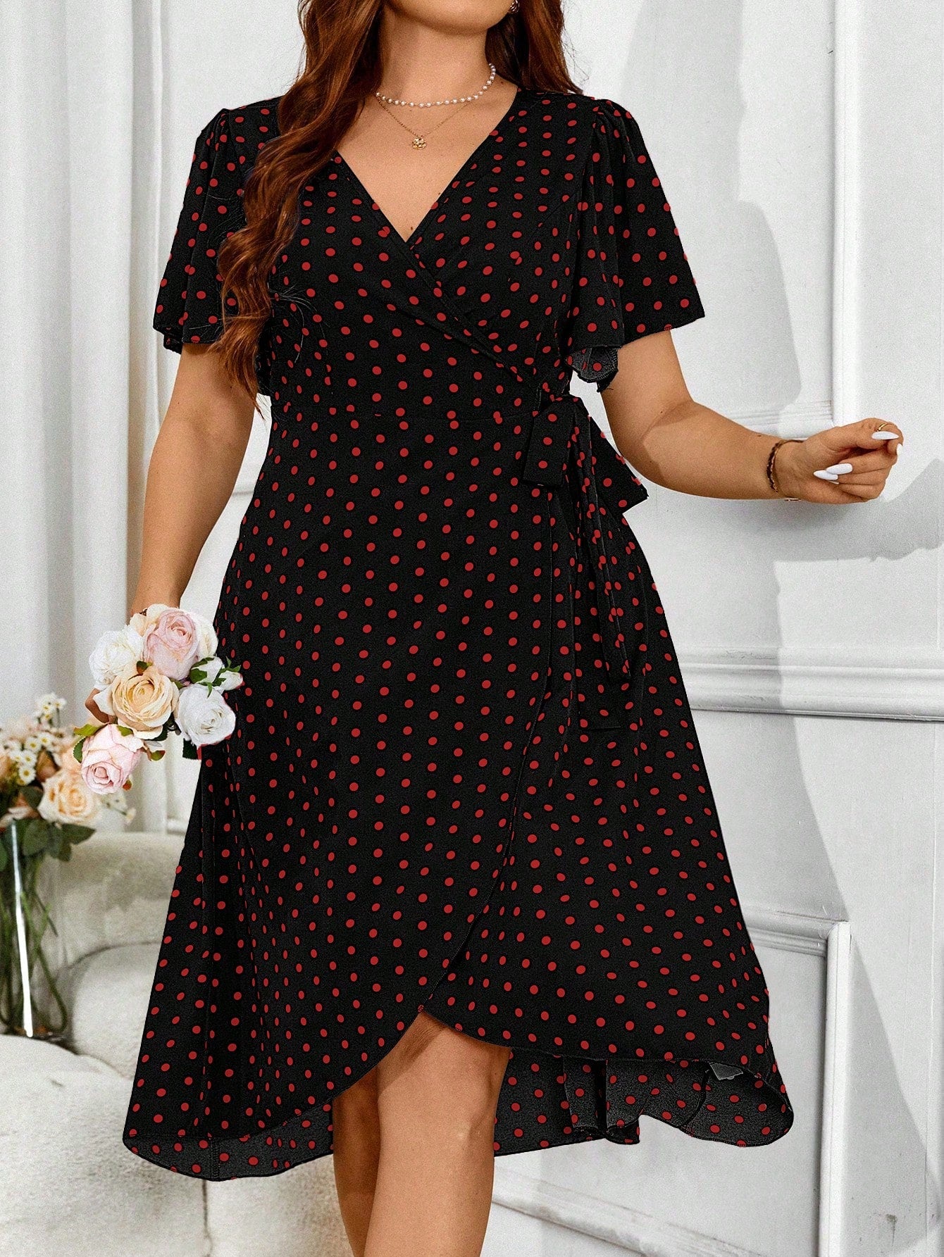 VCAY Plus Size Women's Summer Polka Dot Ruffled Sleeve Wrap Dress