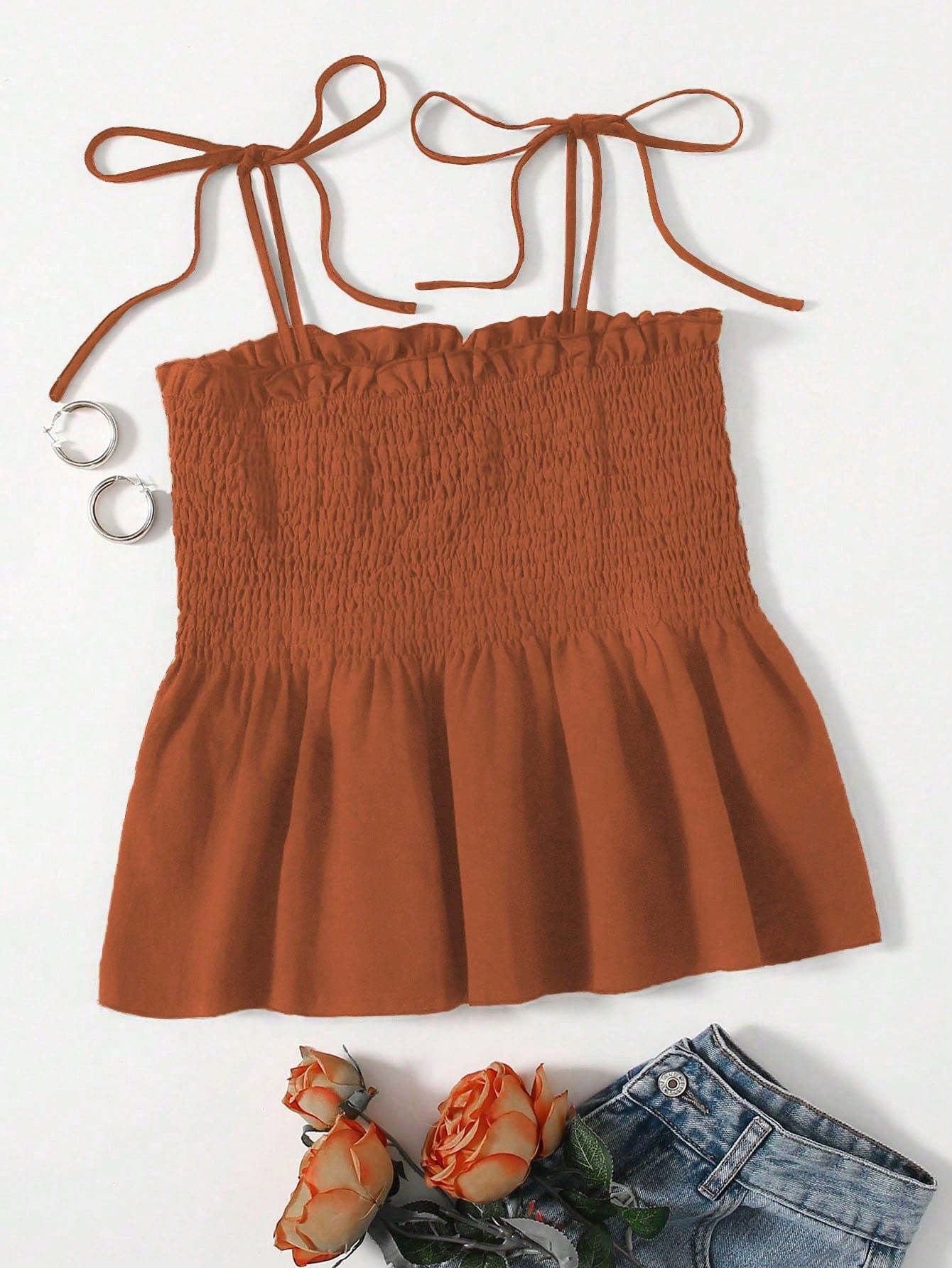 VCAY Knot Shoulder Ruffle Hem Cami Top