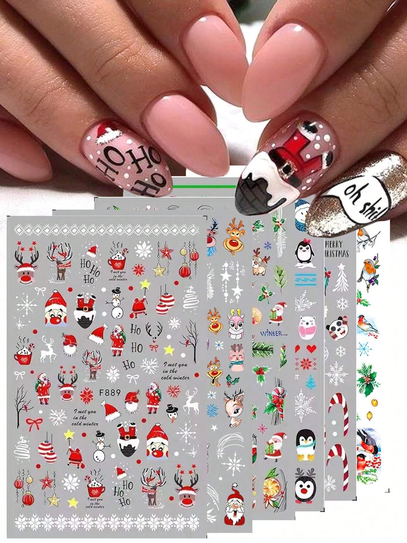 3D Christmas Nail Stickers 2/5 Sheets Cartoon Santa Elk Neon Lamp Penguin Snowflake Snowman Car Tree Bird Holly Berry Flower Leaf DIY Winter Xmas Self-Adhesive Gel Polish Decal Sliders Cute Nail Art Decoration