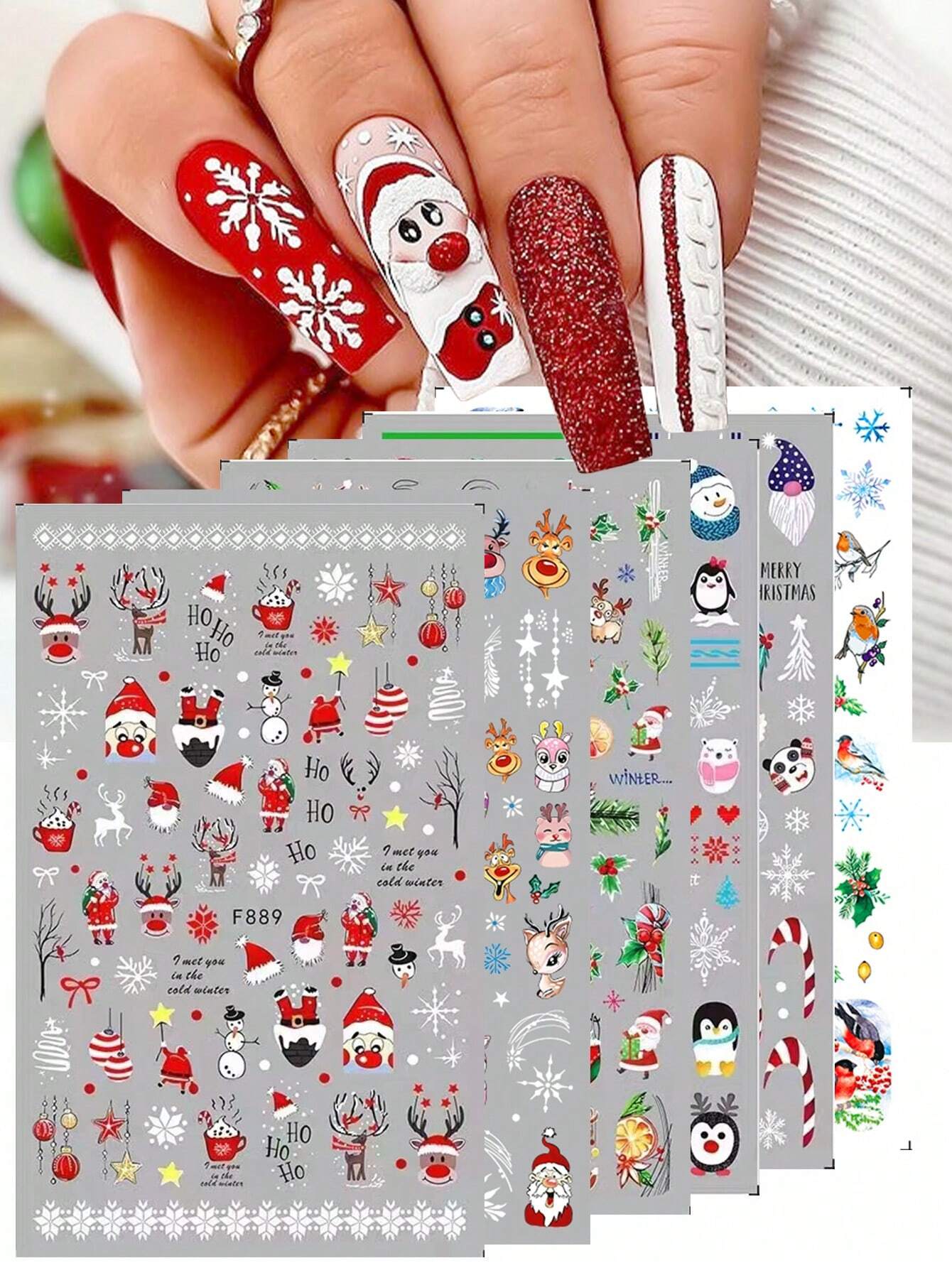 3D Christmas Nail Stickers 2/5 Sheets Cartoon Santa Elk Neon Lamp Penguin Snowflake Snowman Car Tree Bird Holly Berry Flower Leaf DIY Winter Xmas Self-Adhesive Gel Polish Decal Sliders Cute Nail Art Decoration