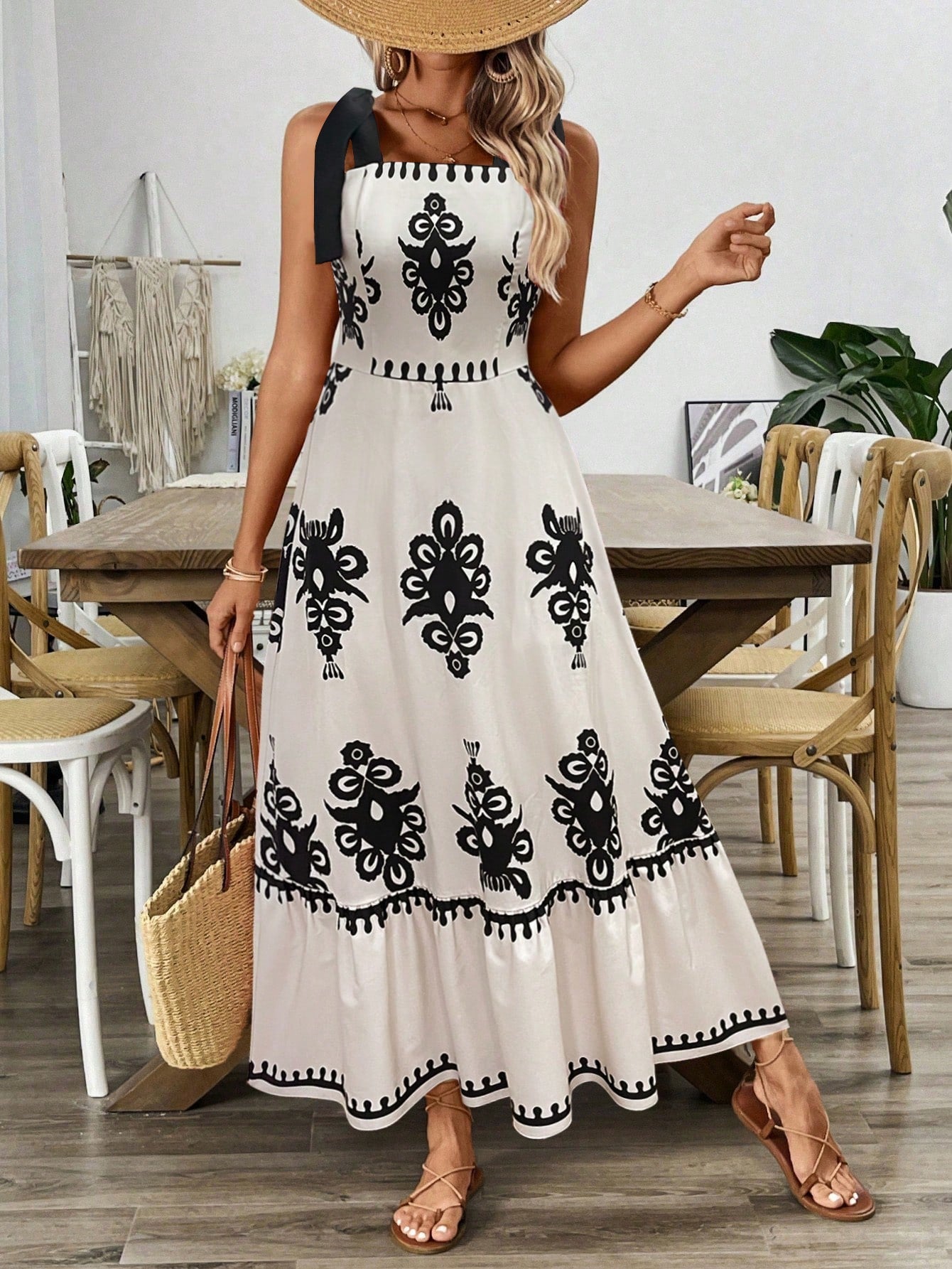 VCAY Vintage Print Laced Shoulder Cut-Out Waist Summer Maxi Dress