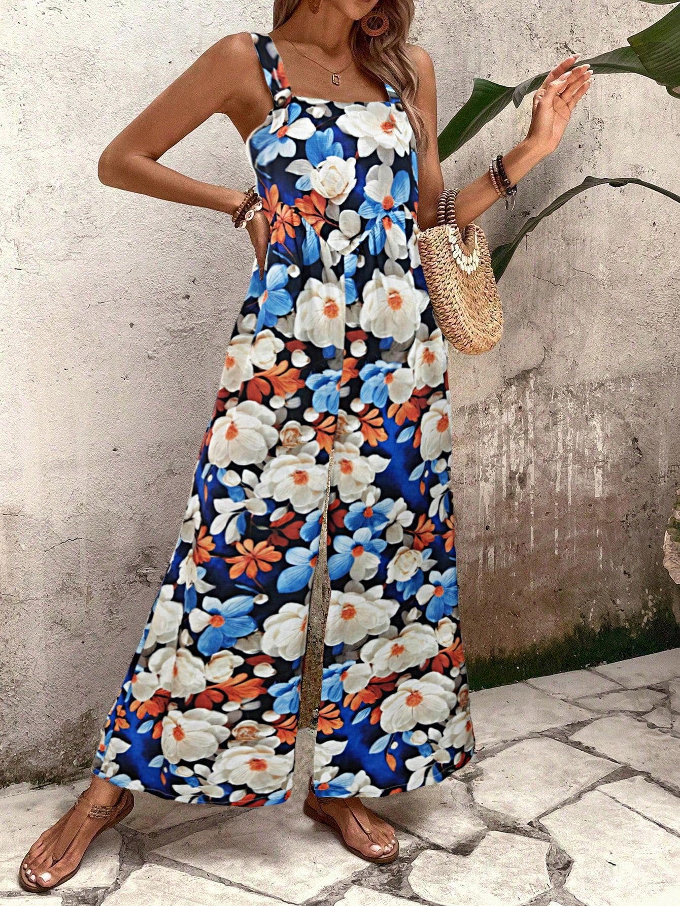 LUNE Floral Print Wide-Leg Jumpsuit For Vacation And Leisure