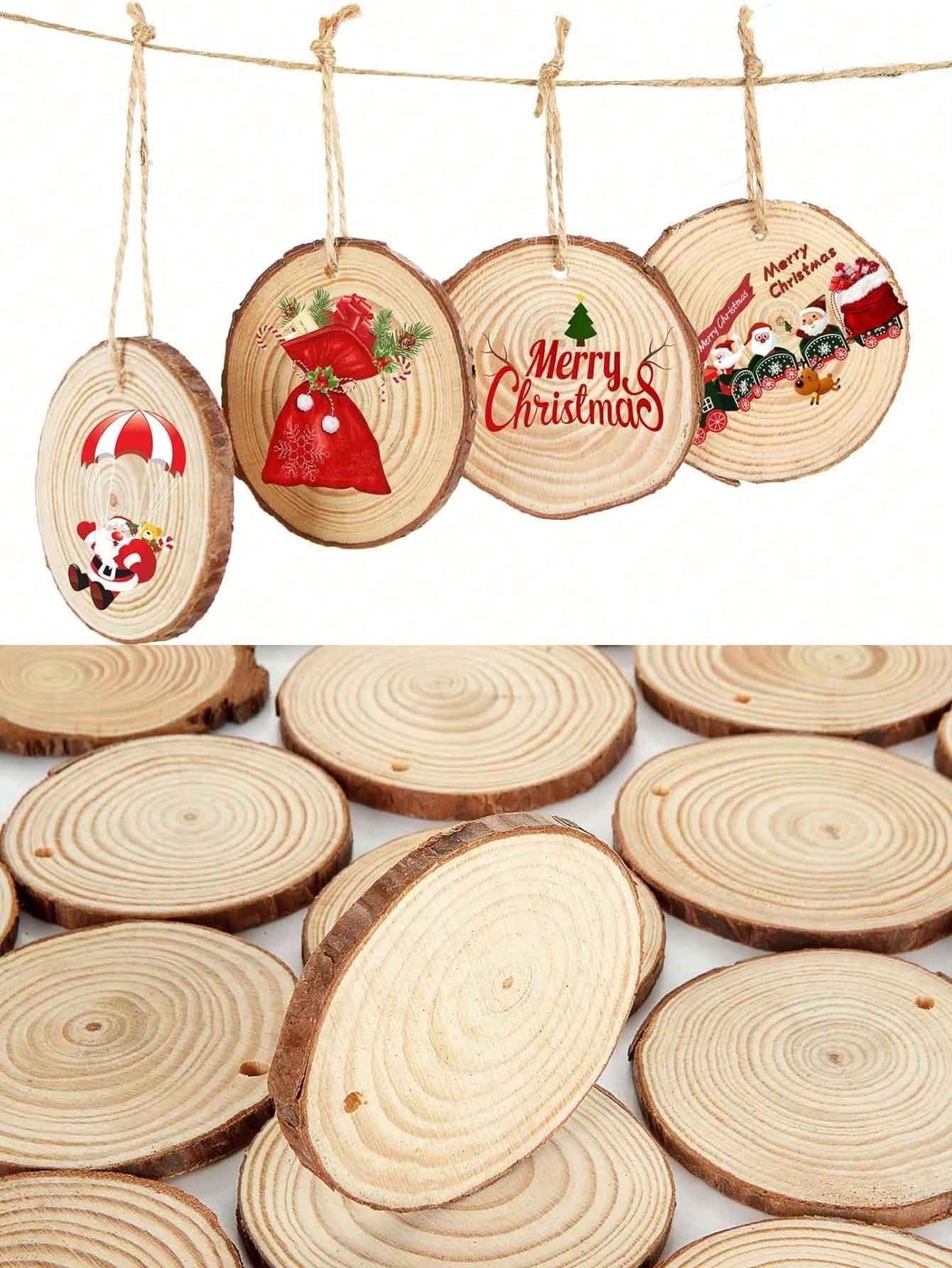 10pcs/Set Christmas Round Wooden Slices, Christmas Decorations, Wooden Table Decor Pieces, Christmas Tree Ornaments, DIY Craft Wood Circles With Natural Jute Rope, Wedding/Home/Party/Christmas Decor,Christmas