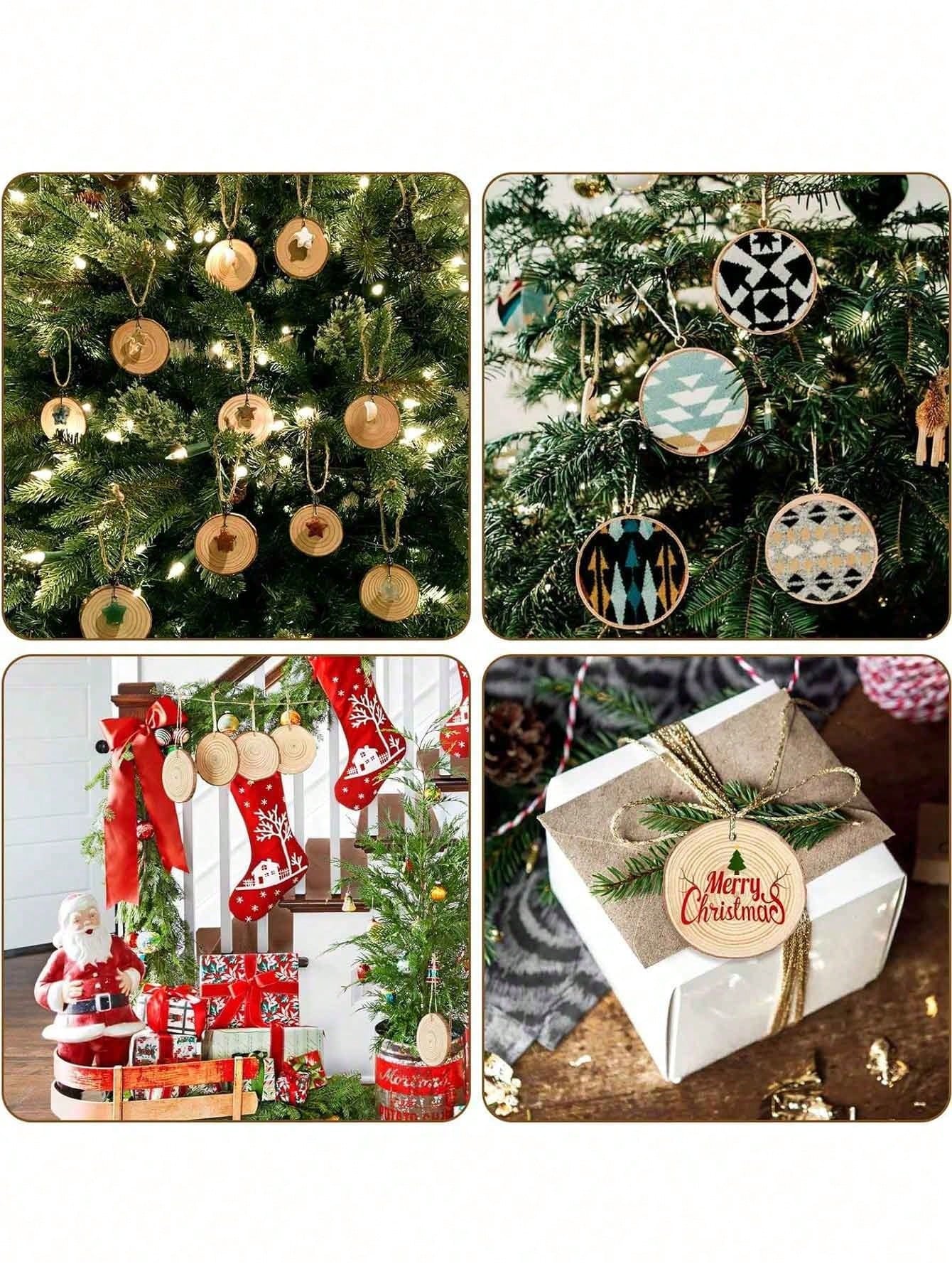 10pcs/Set Christmas Round Wooden Slices, Christmas Decorations, Wooden Table Decor Pieces, Christmas Tree Ornaments, DIY Craft Wood Circles With Natural Jute Rope, Wedding/Home/Party/Christmas Decor,Christmas