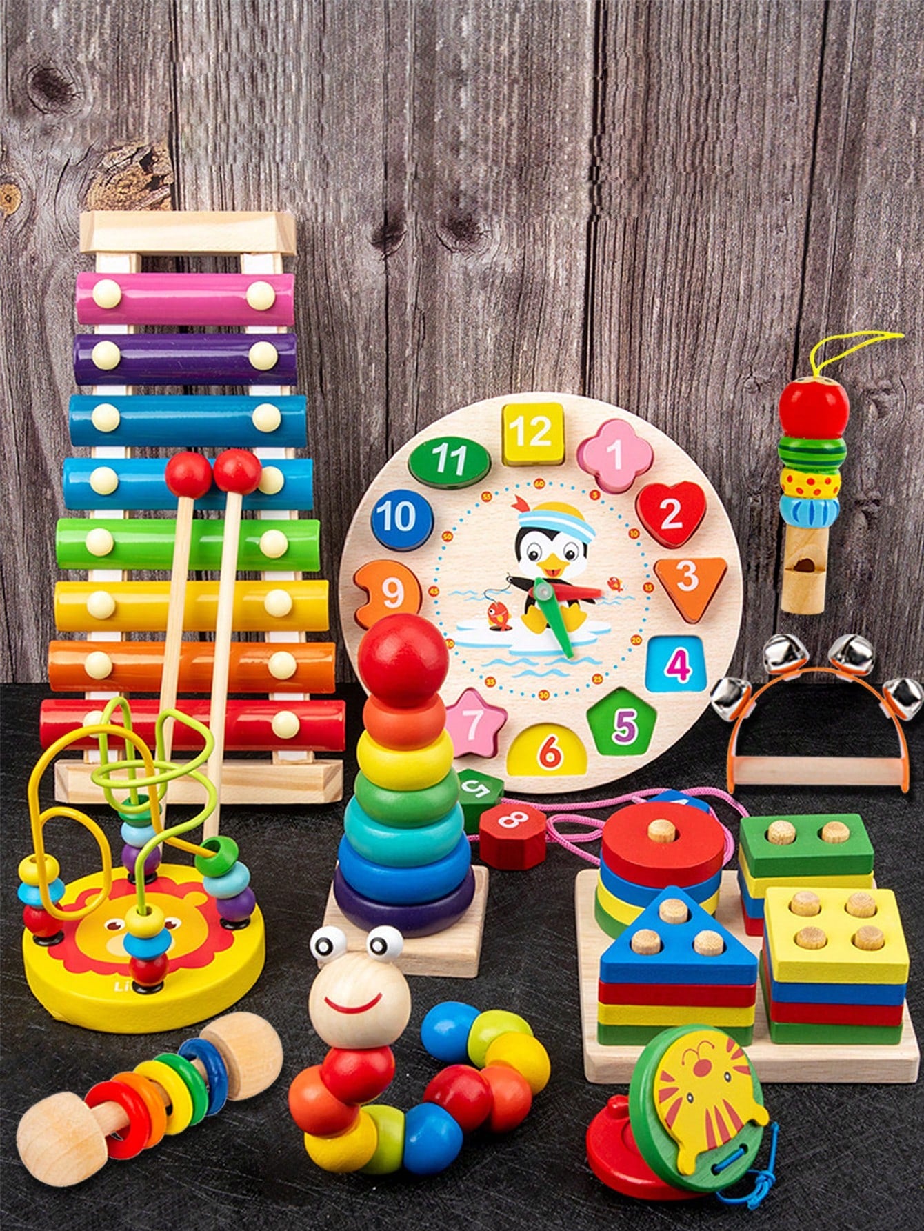 Christmas Decoration 10pcs Montessori Educational Wooden Toys For Boys Girls, Preschool Learning Toys Suitable For 3-6 Years Old Kids, Great Birthday/Halloween/Christmas Gifts