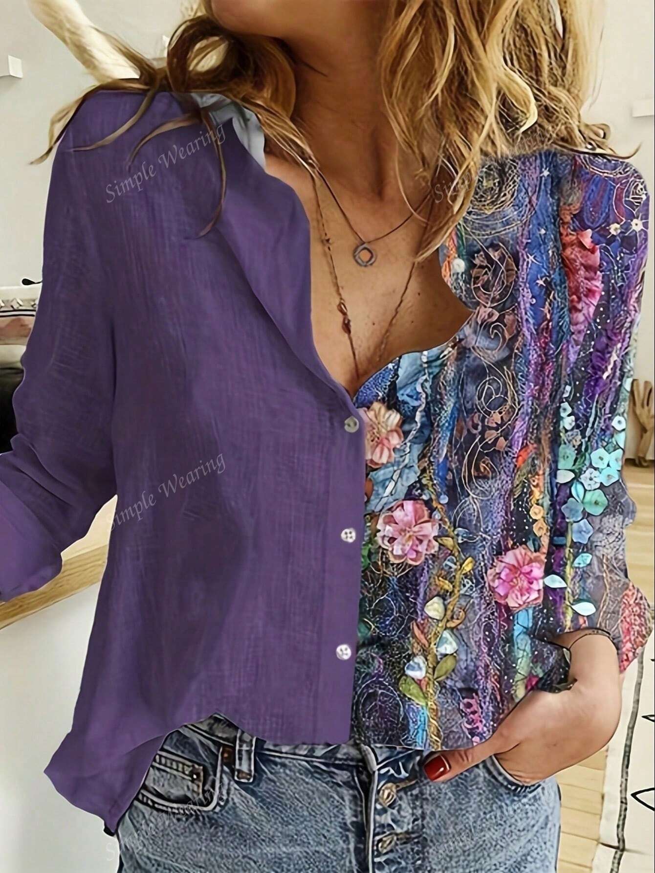 Women's Single-Breasted Floral Printed Patchwork Casual Long Sleeve Shirt