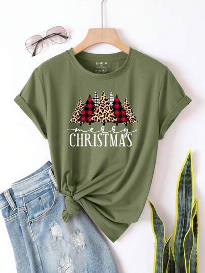 LUNE Women's Christmas Tree Print Short Sleeve T-Shirt