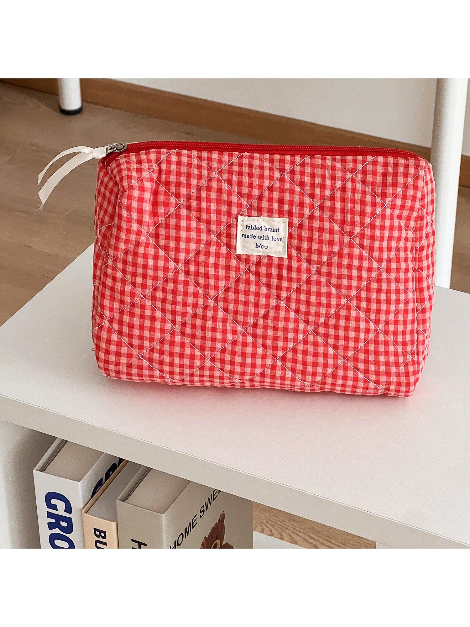 1 Pc Red Berry Plaid Make Up Bag For Women Travel Large Red Cosmetic Bag Pouch