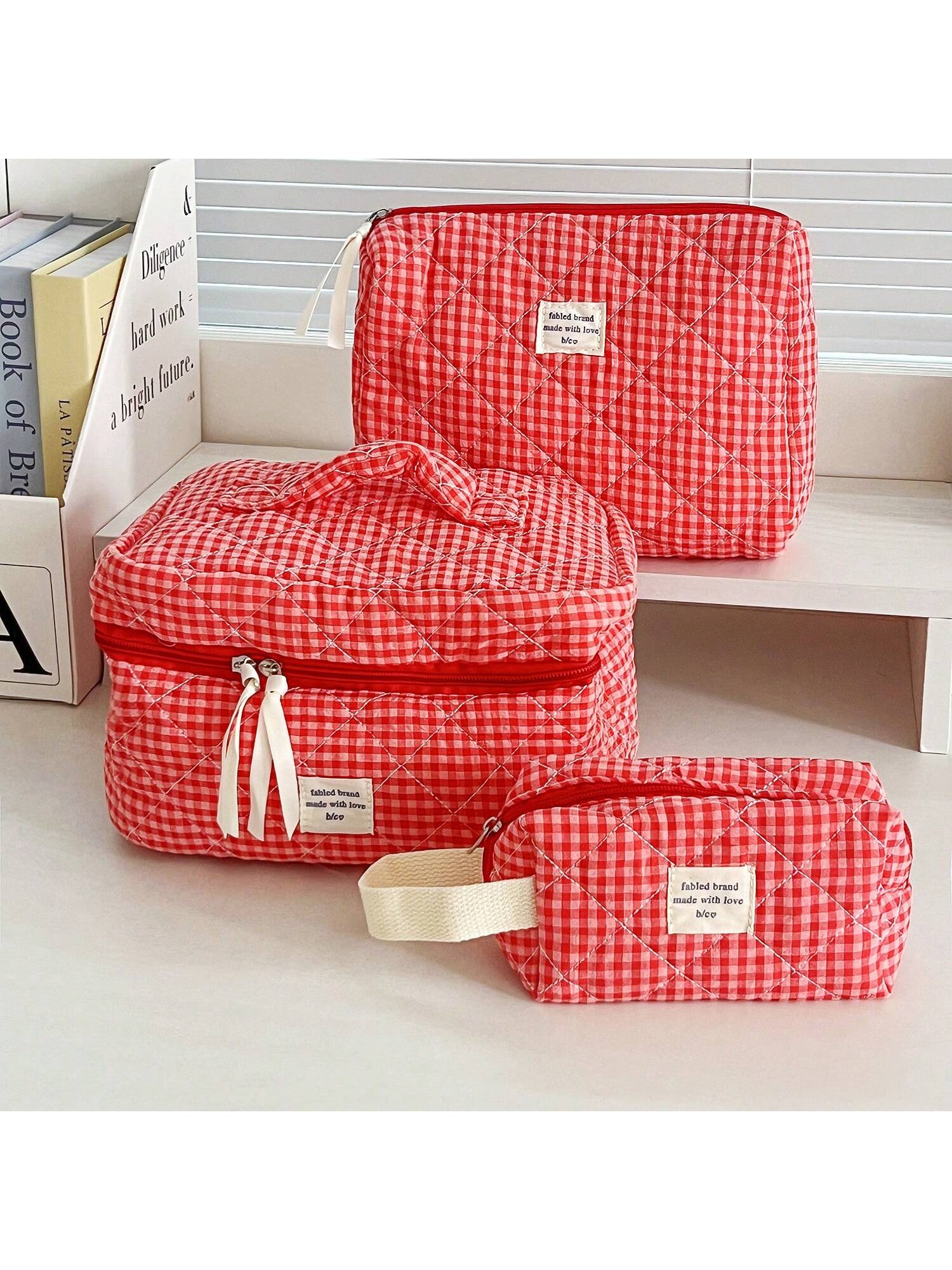 1 Pc Red Berry Plaid Make Up Bag For Women Travel Large Red Cosmetic Bag Pouch