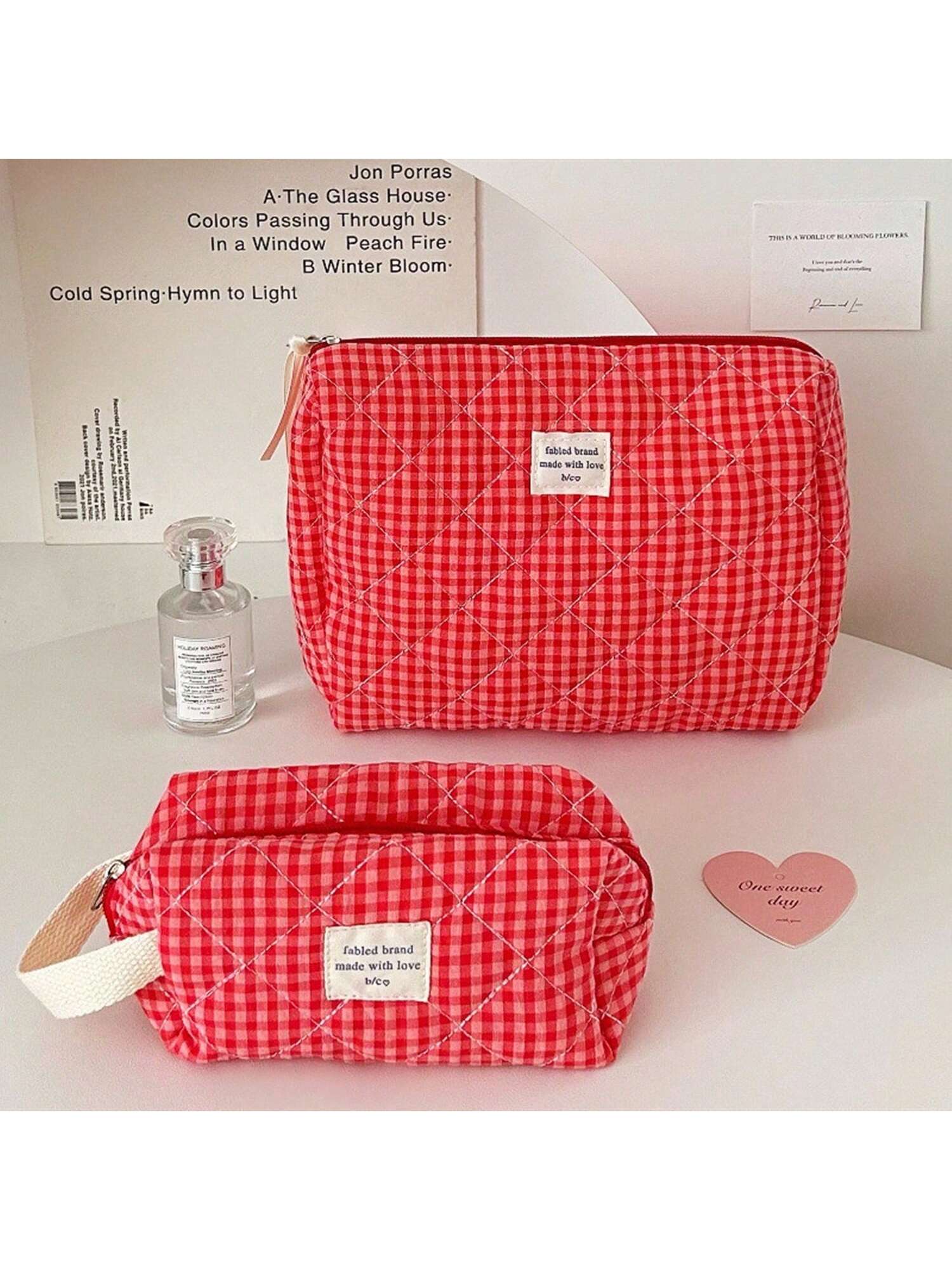 1 Pc Red Berry Plaid Make Up Bag For Women Travel Large Red Cosmetic Bag Pouch