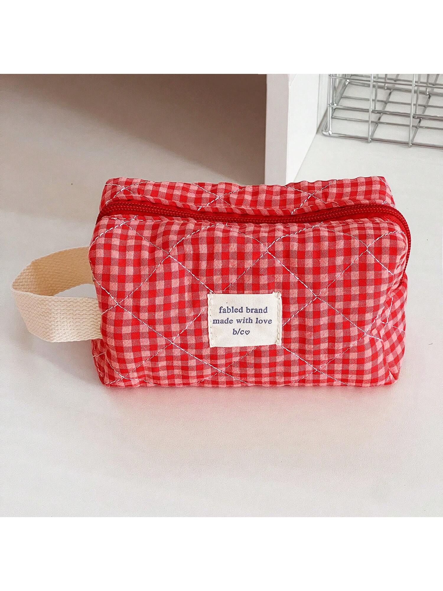 1 Pc Red Berry Plaid Make Up Bag For Women Travel Large Red Cosmetic Bag Pouch