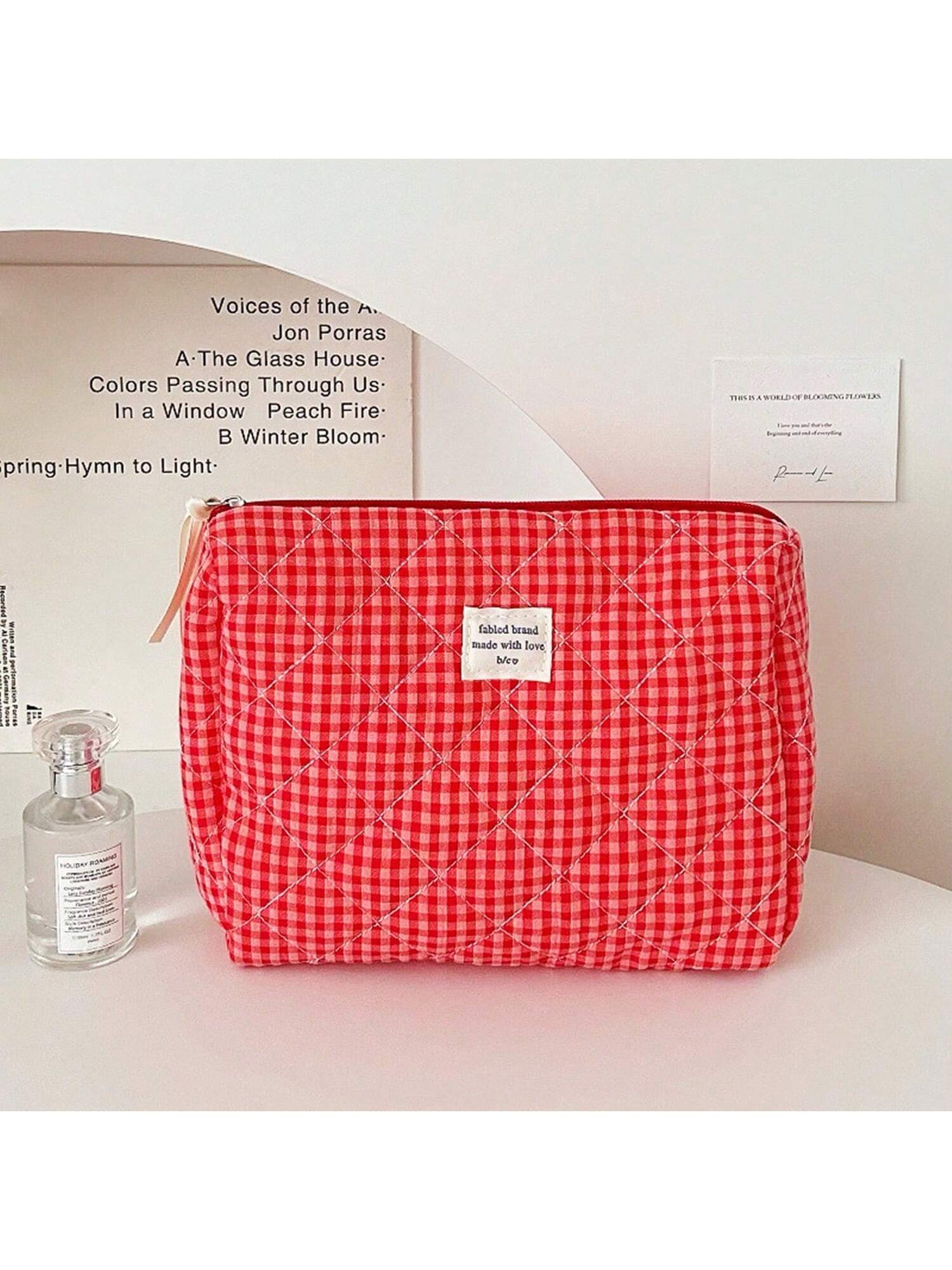 1 Pc Red Berry Plaid Make Up Bag For Women Travel Large Red Cosmetic Bag Pouch