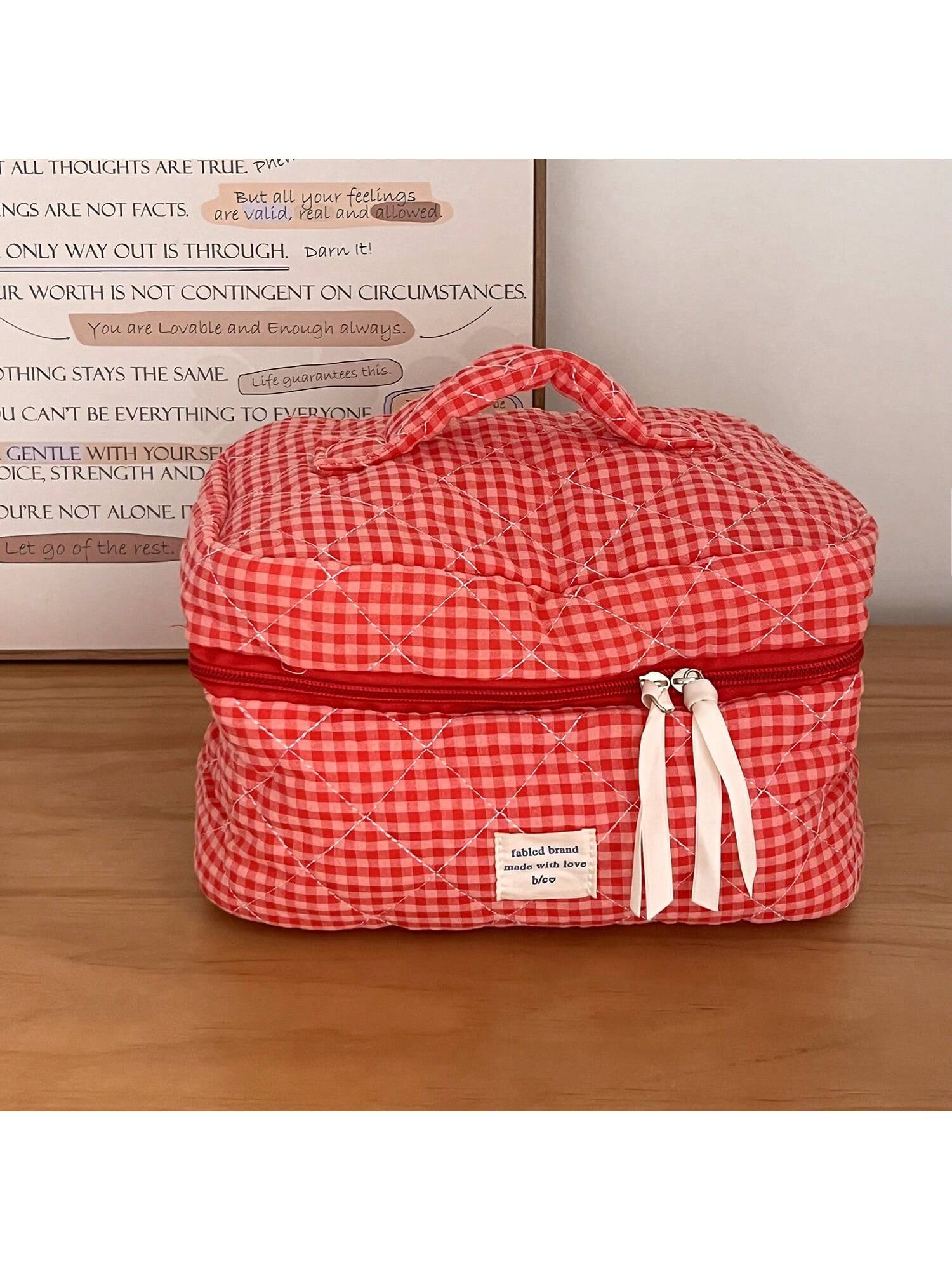 1 Pc Red Berry Plaid Make Up Bag For Women Travel Large Red Cosmetic Bag Pouch