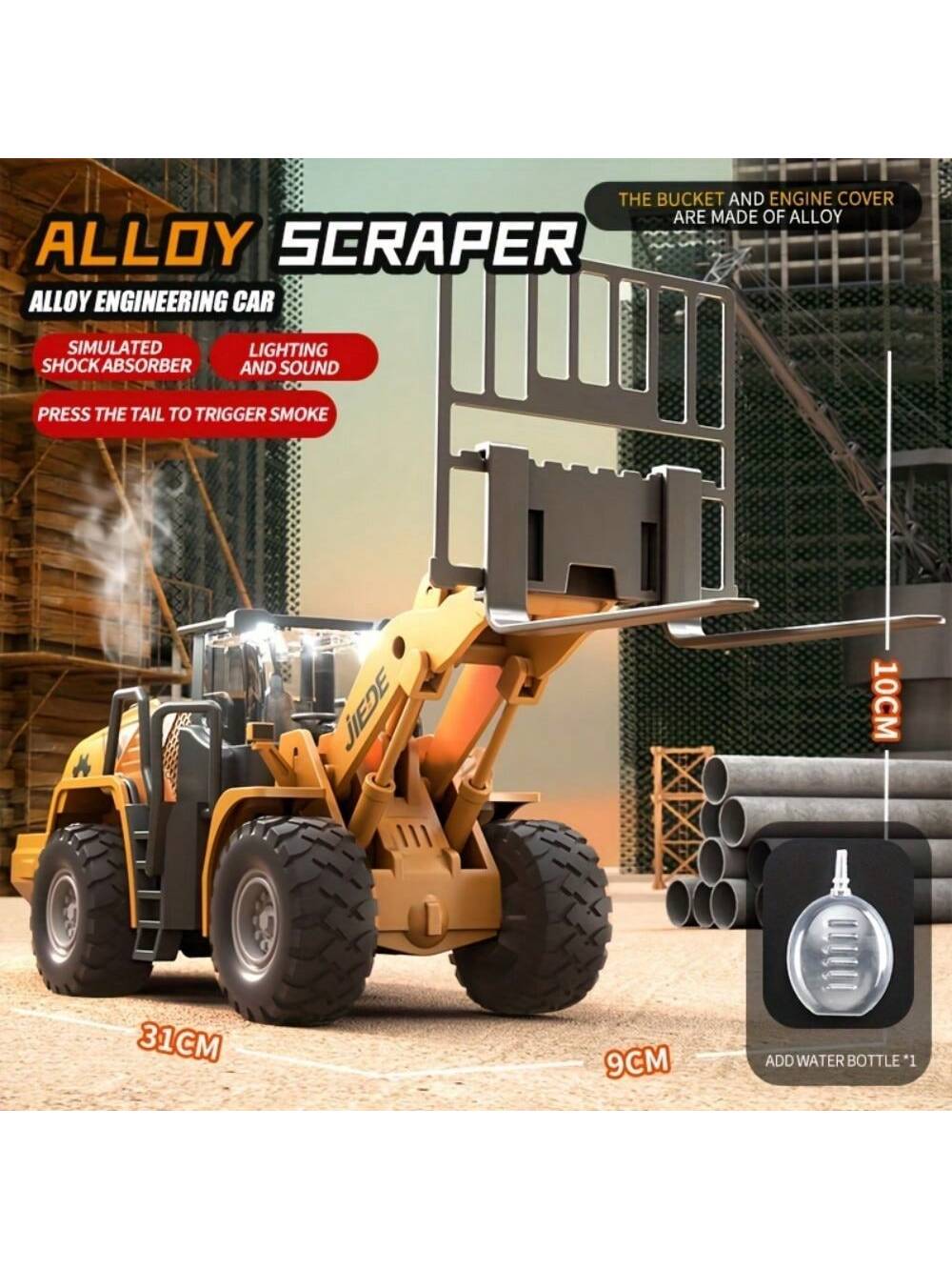 Alloy 1/40 Scale Simulation Construction Vehicle Toys Model With Spray Sound & Light: Excavator Bulldozer Road Roller Log Grapple Forklift Flatbed Transport Truck,Perfect Gift