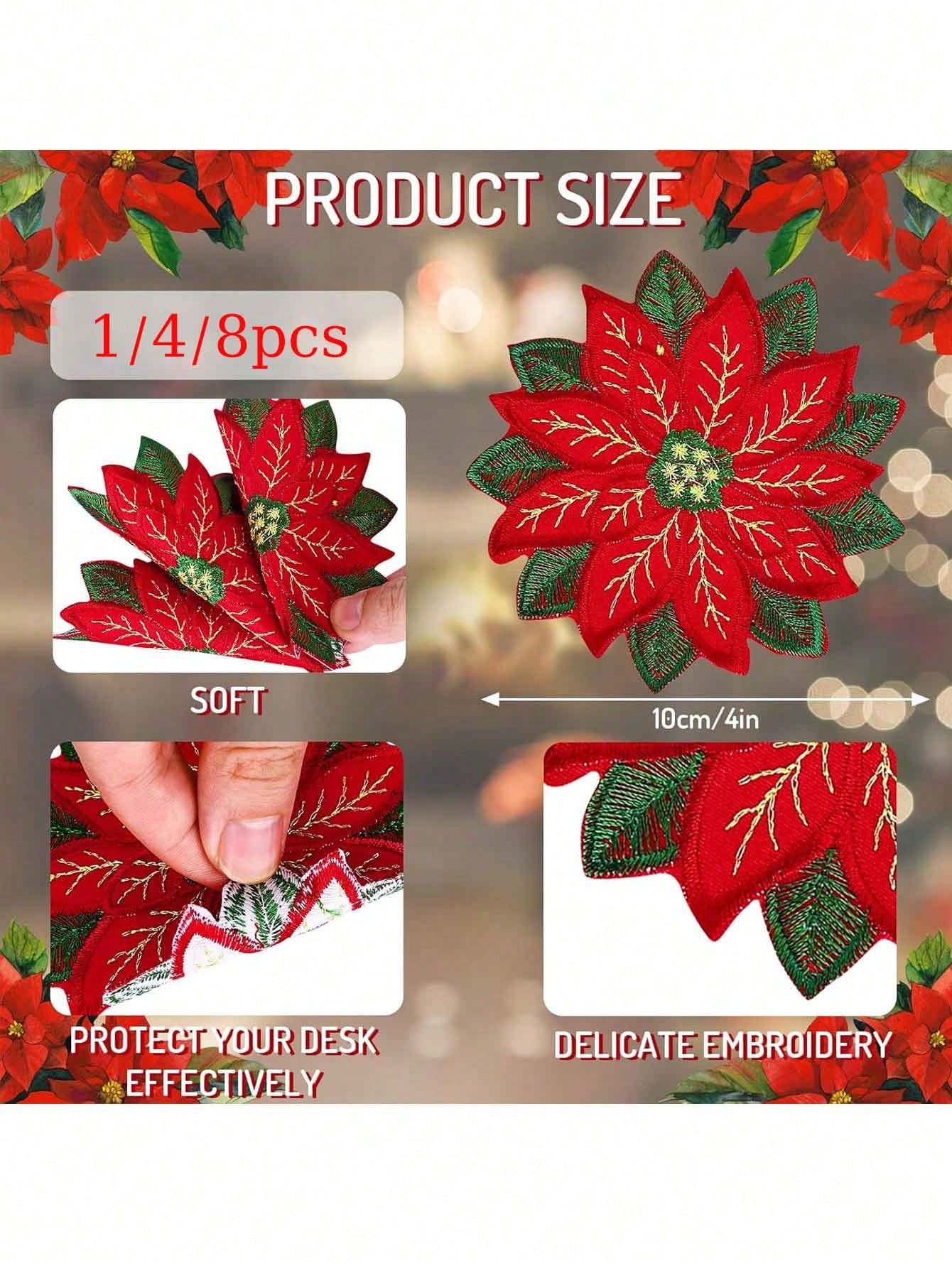 1/4/8pcs Christmas Embroidered Coasters Applique Poinsettia Double Layer Coasters Xmas Flower Cup Mat Pad For Christmas Winter Holiday Home Kitchen Office Table Decoration,Christmas