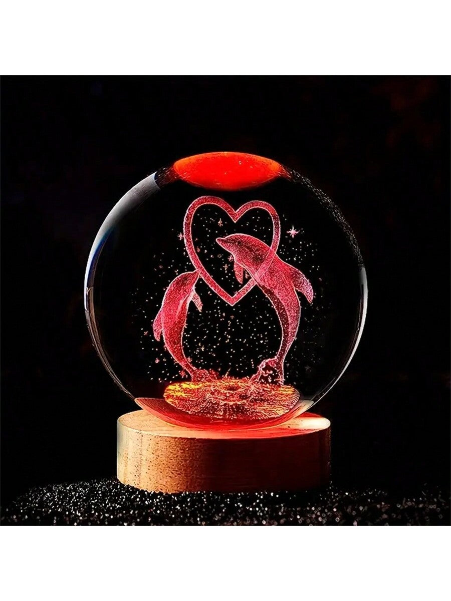 1pc 3D Crystal Ball Night Light - Heart Shape Dolphin Lamp, Wooden Base, 7 Color Changing Soft Lighting, Suitable For Bedroom/Living Room/Camping - Gift For Boy, Girl, Birthday Party, Holiday - USB Powered