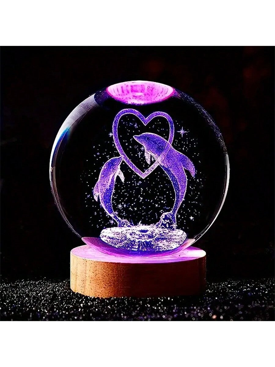 1pc 3D Crystal Ball Night Light - Heart Shape Dolphin Lamp, Wooden Base, 7 Color Changing Soft Lighting, Suitable For Bedroom/Living Room/Camping - Gift For Boy, Girl, Birthday Party, Holiday - USB Powered