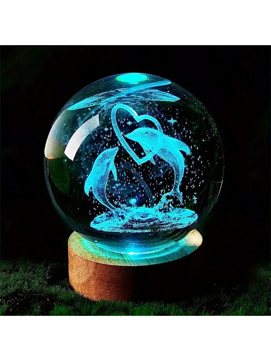 1pc 3D Crystal Ball Night Light - Heart Shape Dolphin Lamp, Wooden Base, 7 Color Changing Soft Lighting, Suitable For Bedroom/Living Room/Camping - Gift For Boy, Girl, Birthday Party, Holiday - USB Powered