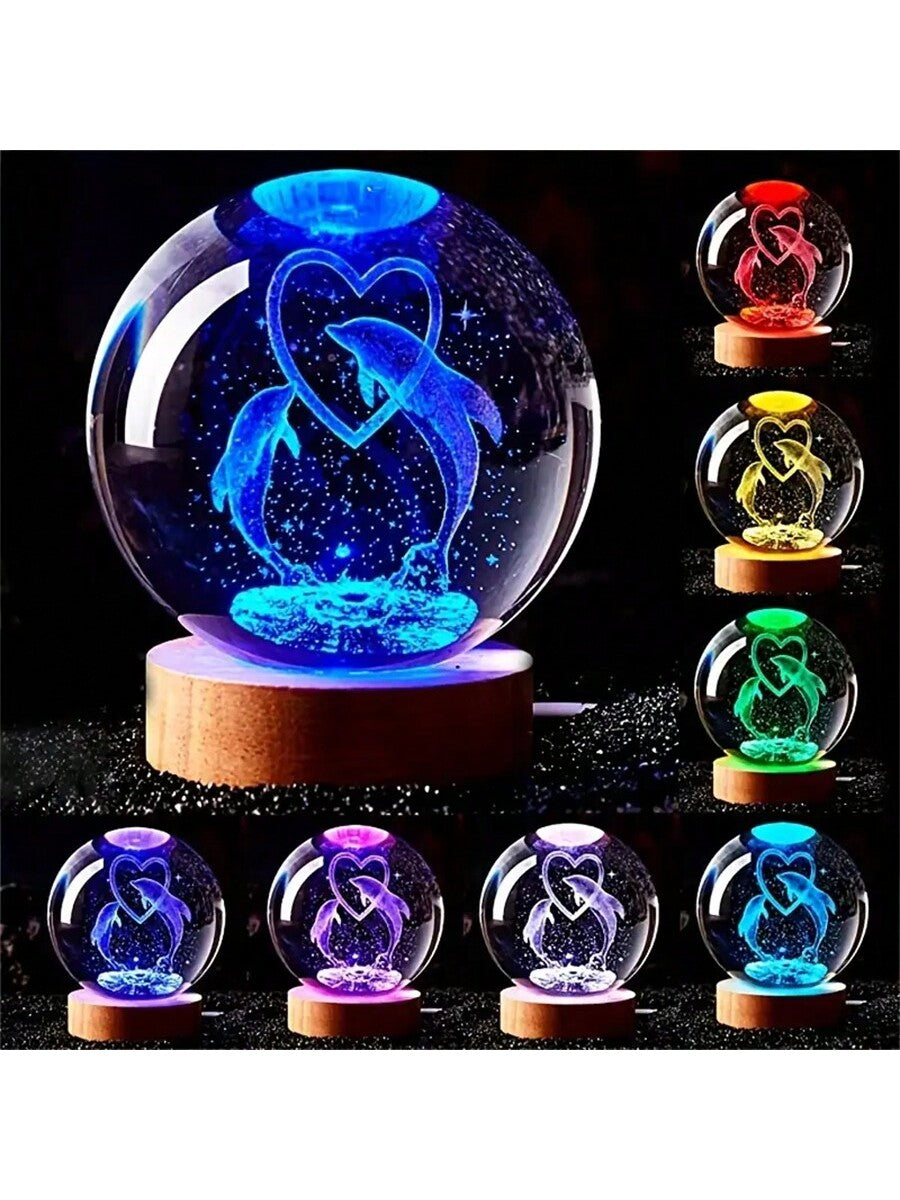 1pc 3D Crystal Ball Night Light - Heart Shape Dolphin Lamp, Wooden Base, 7 Color Changing Soft Lighting, Suitable For Bedroom/Living Room/Camping - Gift For Boy, Girl, Birthday Party, Holiday - USB Powered