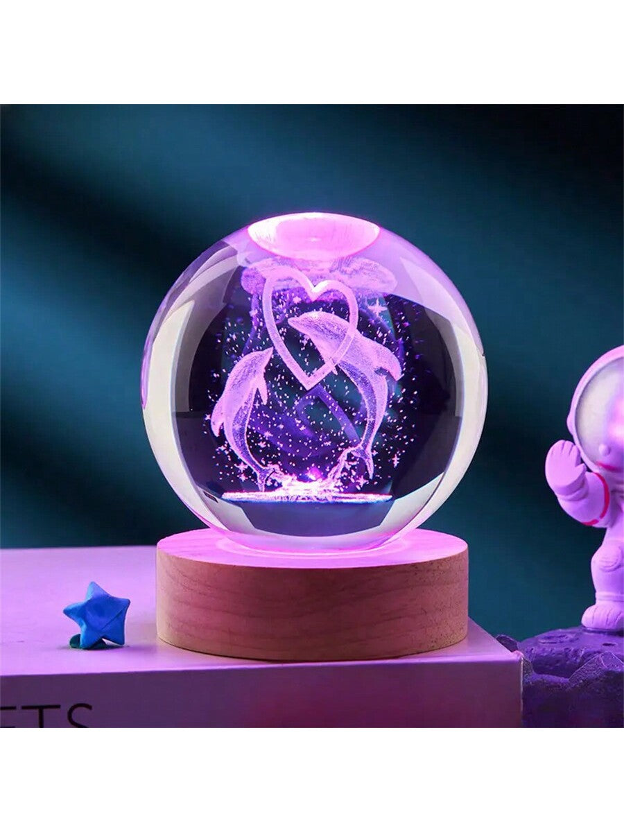 1pc 3D Crystal Ball Night Light - Heart Shape Dolphin Lamp, Wooden Base, 7 Color Changing Soft Lighting, Suitable For Bedroom/Living Room/Camping - Gift For Boy, Girl, Birthday Party, Holiday - USB Powered