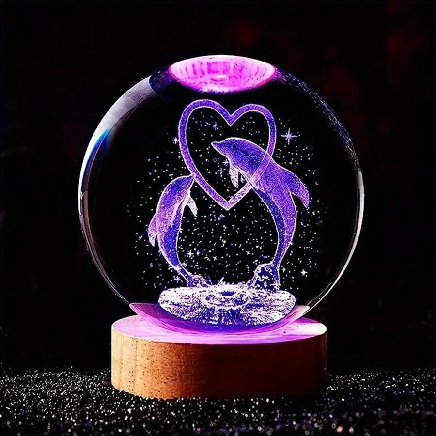 1pc 3D Crystal Ball Night Light - Heart Shape Dolphin Lamp, Wooden Base, 7 Color Changing Soft Lighting, Suitable For Bedroom/Living Room/Camping - Gift For Boy, Girl, Birthday Party, Holiday - USB Powered