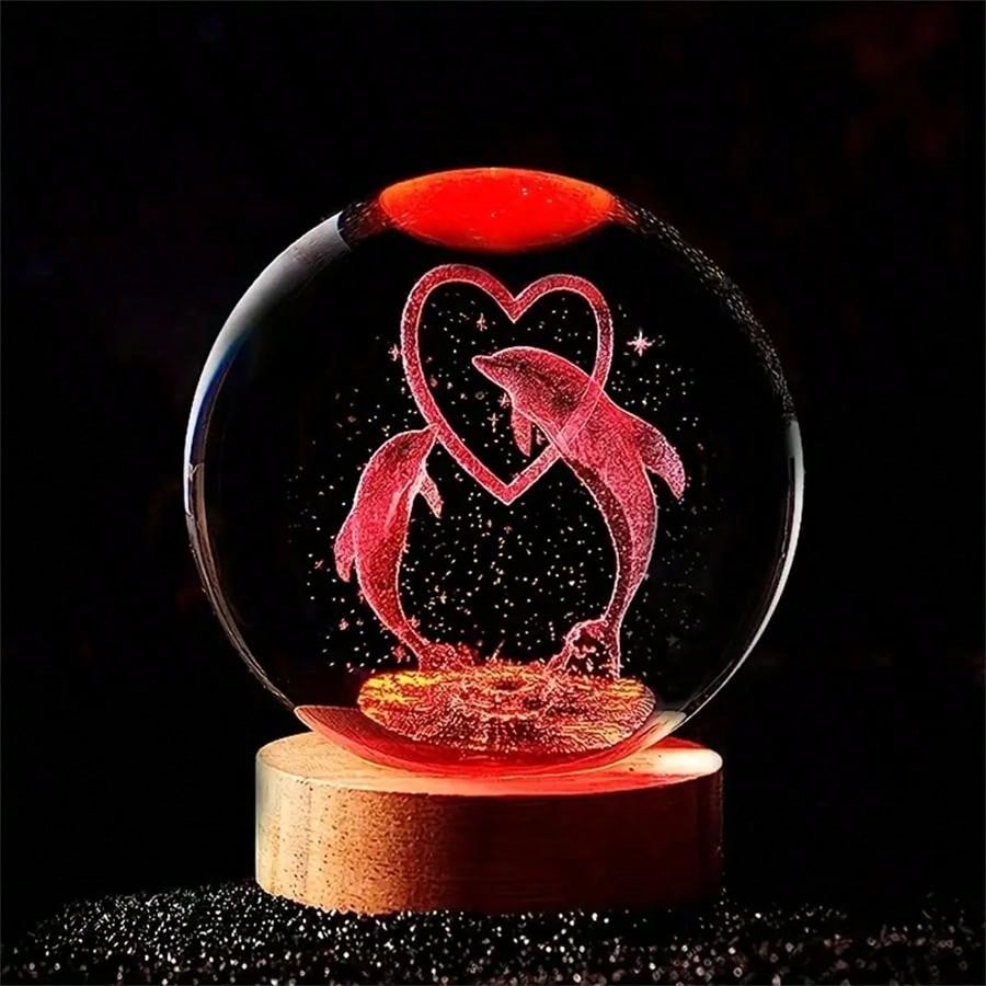 1pc 3D Crystal Ball Night Light - Heart Shape Dolphin Lamp, Wooden Base, 7 Color Changing Soft Lighting, Suitable For Bedroom/Living Room/Camping - Gift For Boy, Girl, Birthday Party, Holiday - USB Powered