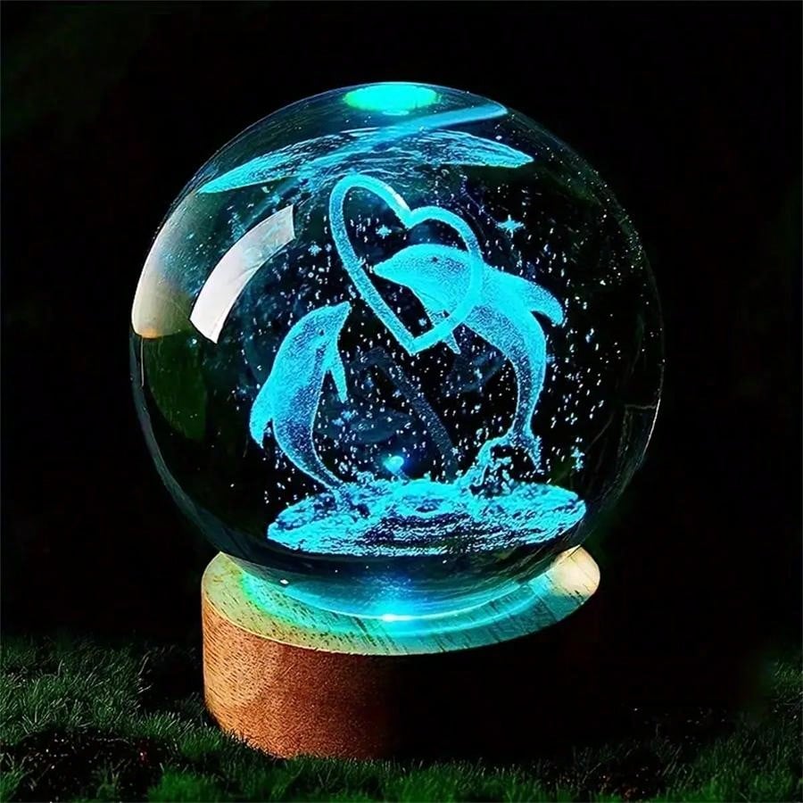 1pc 3D Crystal Ball Night Light - Heart Shape Dolphin Lamp, Wooden Base, 7 Color Changing Soft Lighting, Suitable For Bedroom/Living Room/Camping - Gift For Boy, Girl, Birthday Party, Holiday - USB Powered