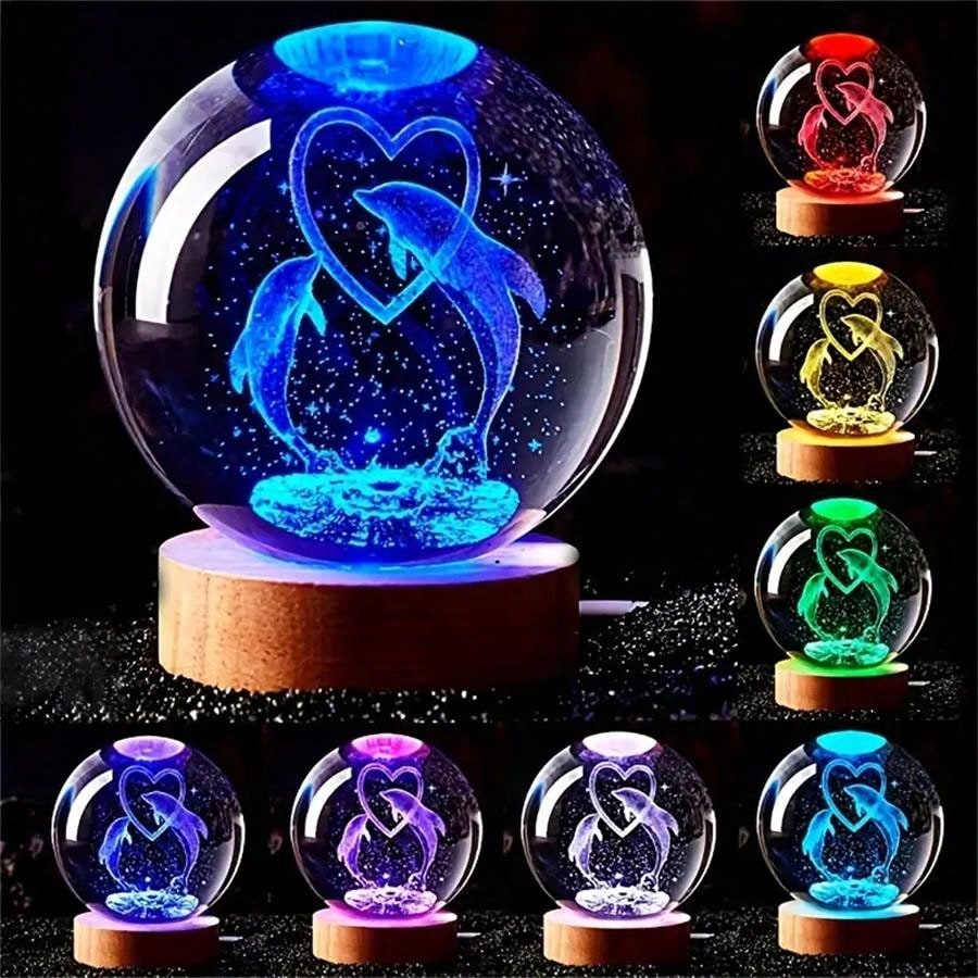 1pc 3D Crystal Ball Night Light - Heart Shape Dolphin Lamp, Wooden Base, 7 Color Changing Soft Lighting, Suitable For Bedroom/Living Room/Camping - Gift For Boy, Girl, Birthday Party, Holiday - USB Powered