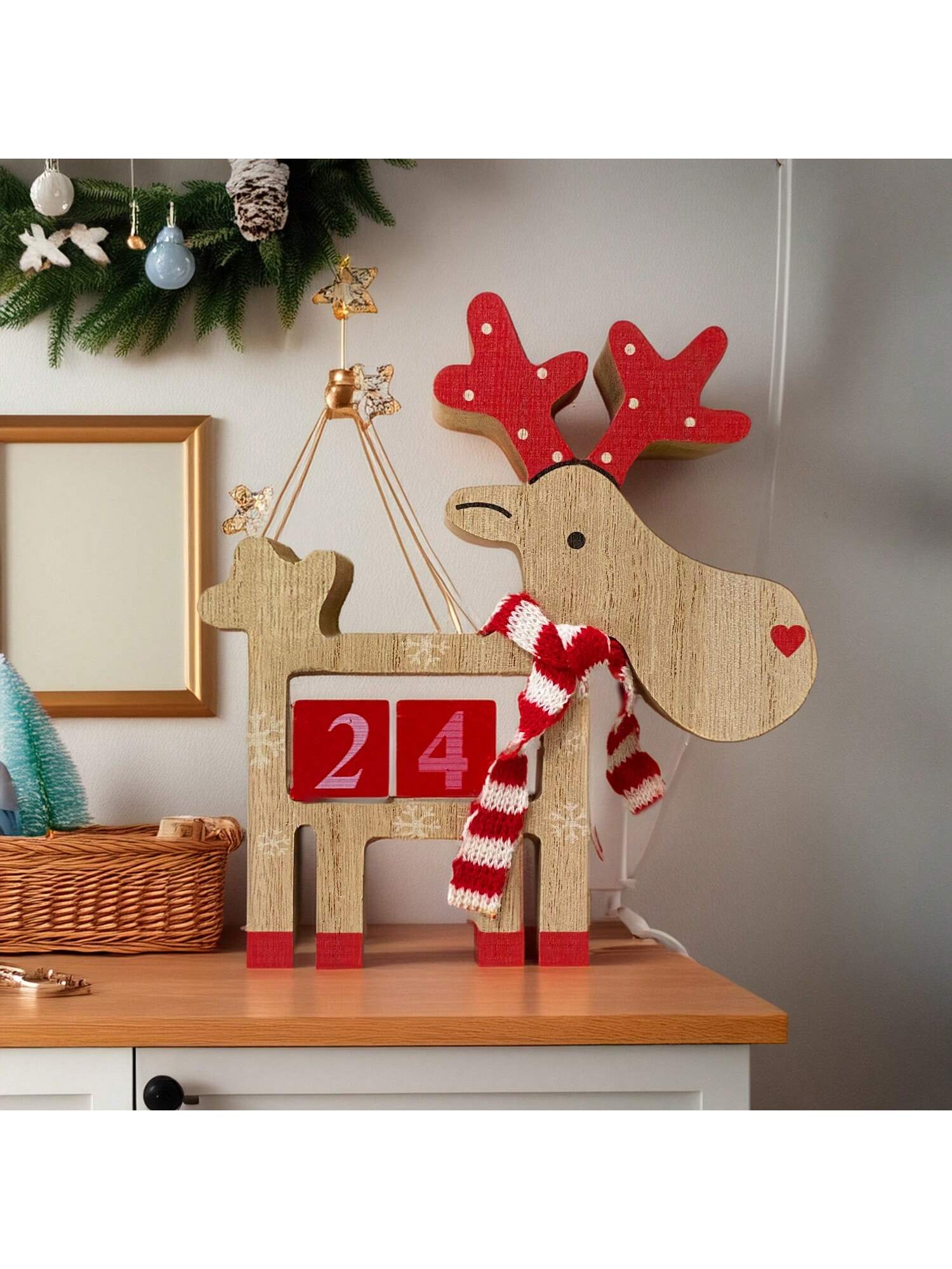 Wooden Christmas Advent Calendar - 3D Holiday Decor, Battery-Free, Christmas Reindeer Wooden Decorative Piece, Party