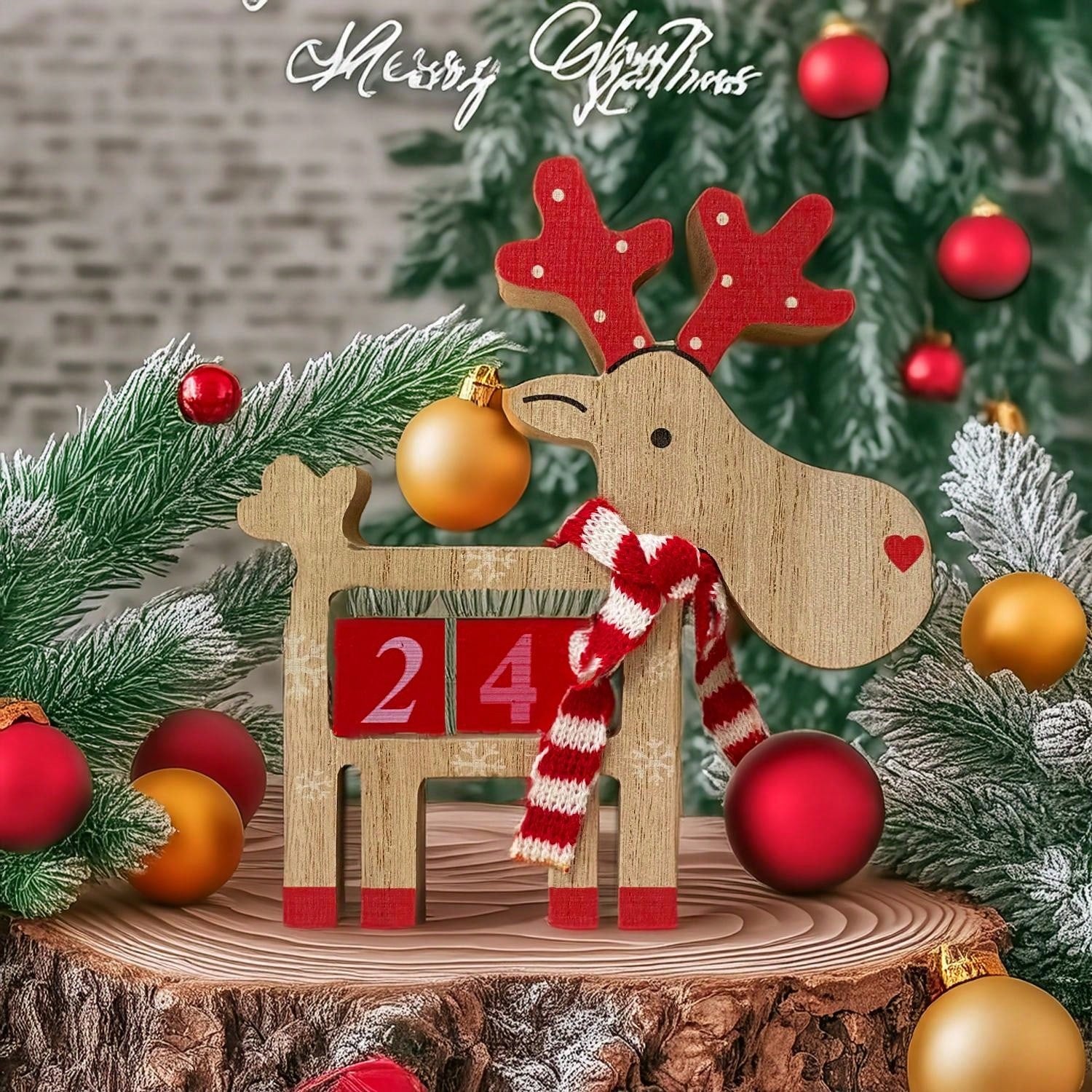 Wooden Christmas Advent Calendar - 3D Holiday Decor, Battery-Free, Christmas Reindeer Wooden Decorative Piece, Party