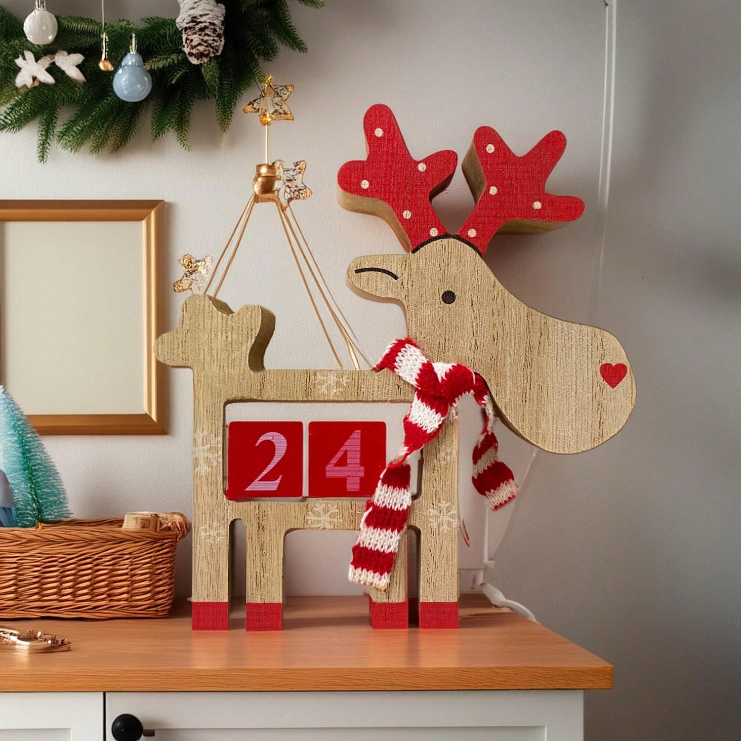 Wooden Christmas Advent Calendar - 3D Holiday Decor, Battery-Free, Christmas Reindeer Wooden Decorative Piece, Party