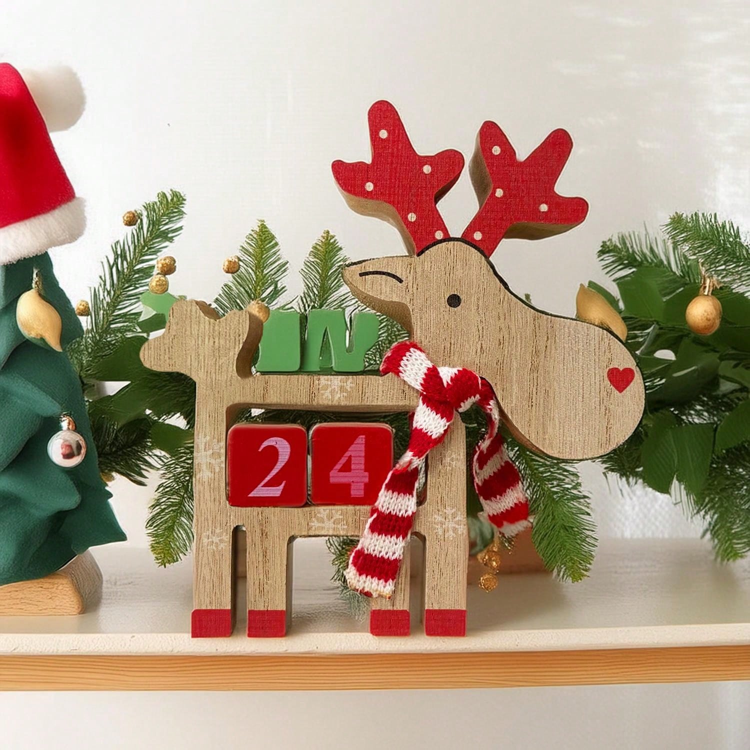 Wooden Christmas Advent Calendar - 3D Holiday Decor, Battery-Free, Christmas Reindeer Wooden Decorative Piece, Party