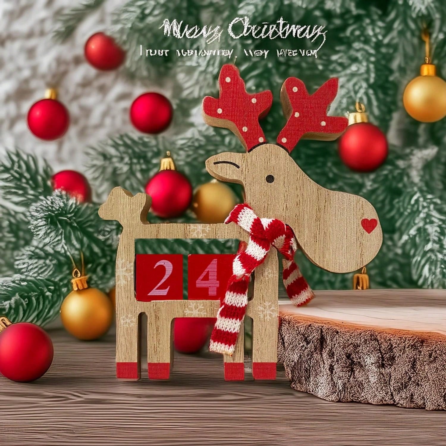 Wooden Christmas Advent Calendar - 3D Holiday Decor, Battery-Free, Christmas Reindeer Wooden Decorative Piece, Party