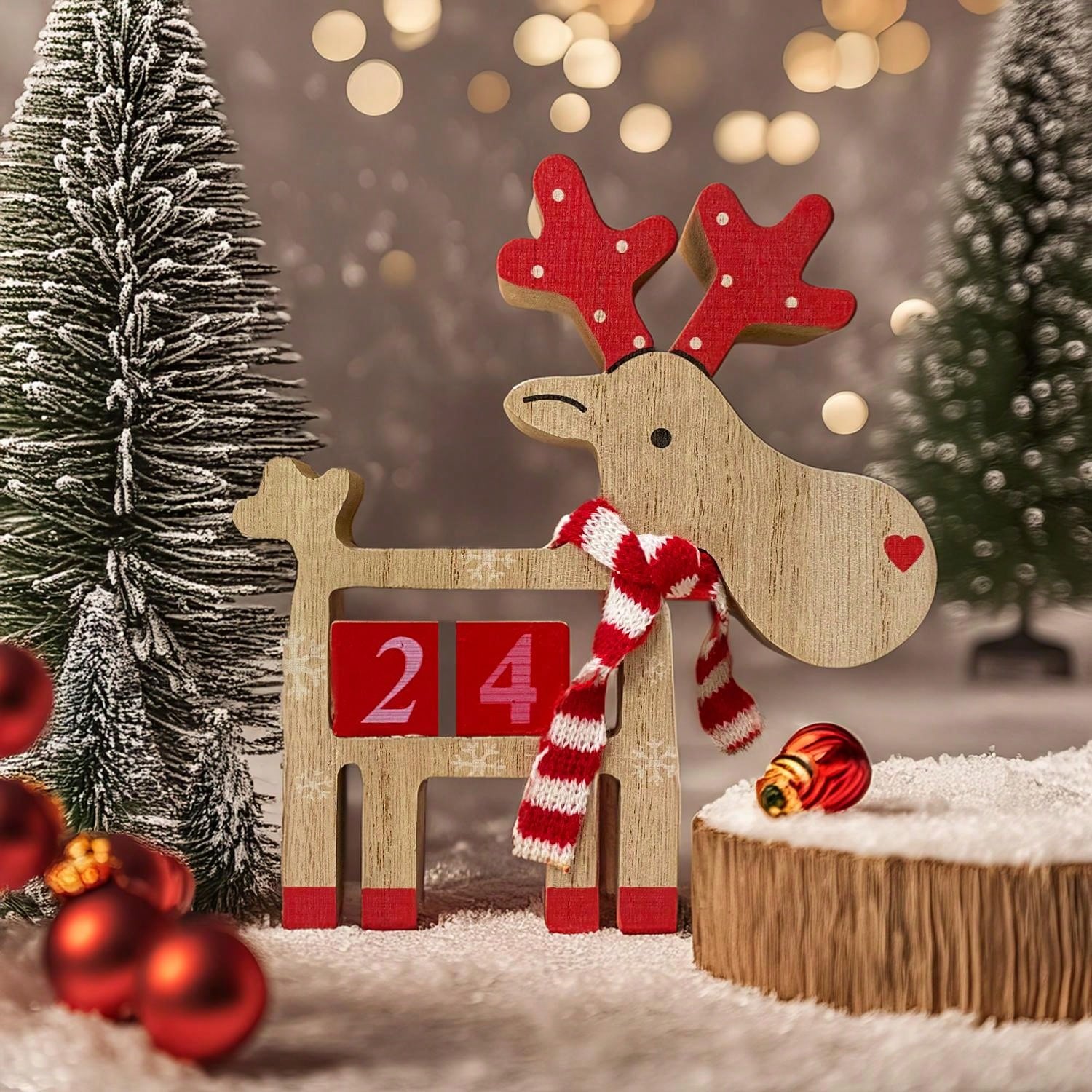 Wooden Christmas Advent Calendar - 3D Holiday Decor, Battery-Free, Christmas Reindeer Wooden Decorative Piece, Party