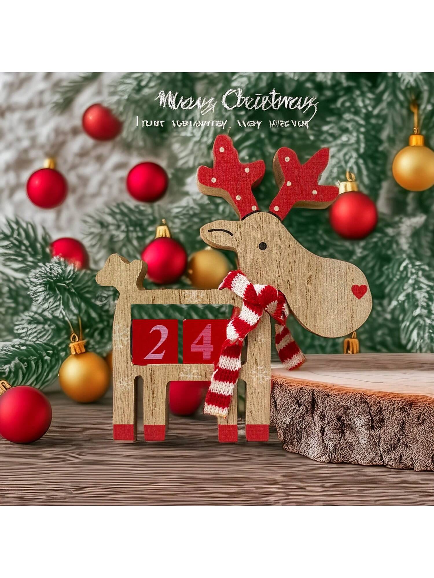 Wooden Christmas Advent Calendar - 3D Holiday Decor, Battery-Free, Christmas Reindeer Wooden Decorative Piece, Party