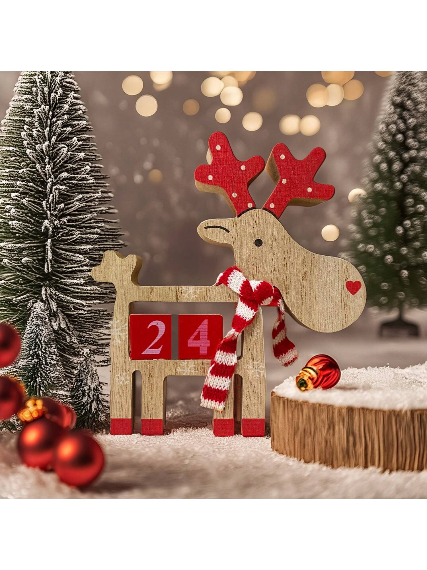 Wooden Christmas Advent Calendar - 3D Holiday Decor, Battery-Free, Christmas Reindeer Wooden Decorative Piece, Party