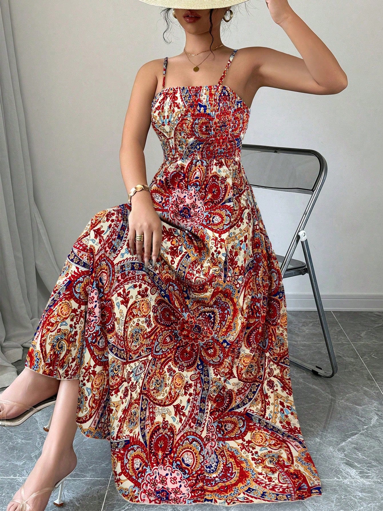 Holidaya Paisley Print Spaghetti Strap Dress, Vacation Casual Maxi Vacation Beach Outfits Women