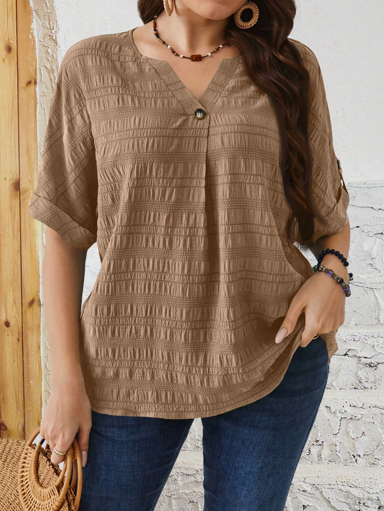 EMERY ROSE Plus Size Relaxed Fit Casual Button Down Shirt With Notched V-Neck And Batwing Sleeves