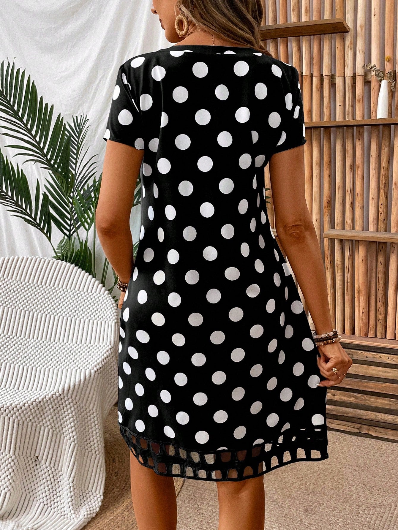 EMERY ROSE Women V-Neck Short Sleeve Polka Dot Allover Print Hollow-Out Splice Casual Dress