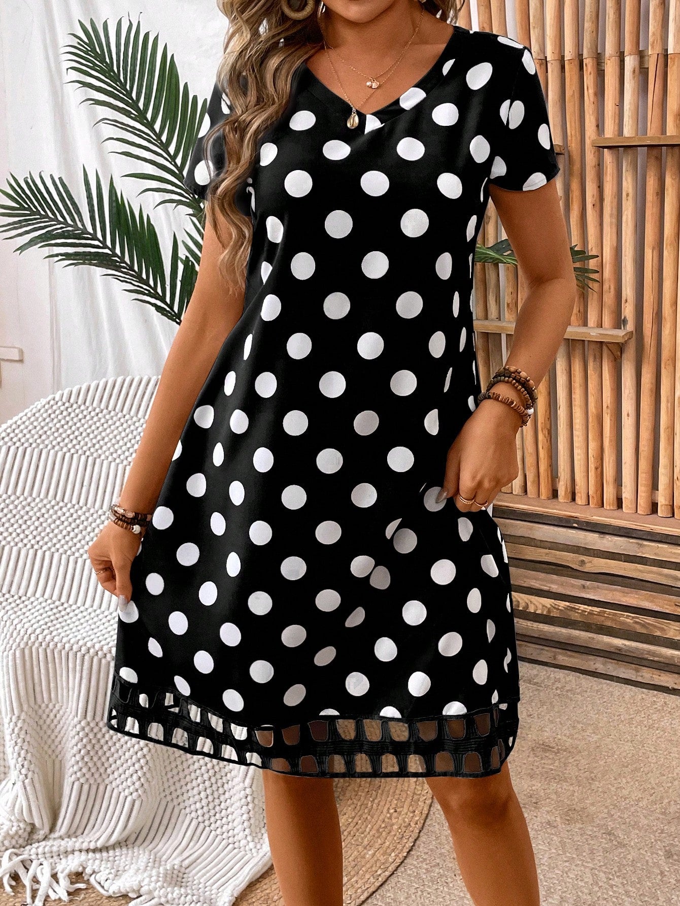 EMERY ROSE Women V-Neck Short Sleeve Polka Dot Allover Print Hollow-Out Splice Casual Dress