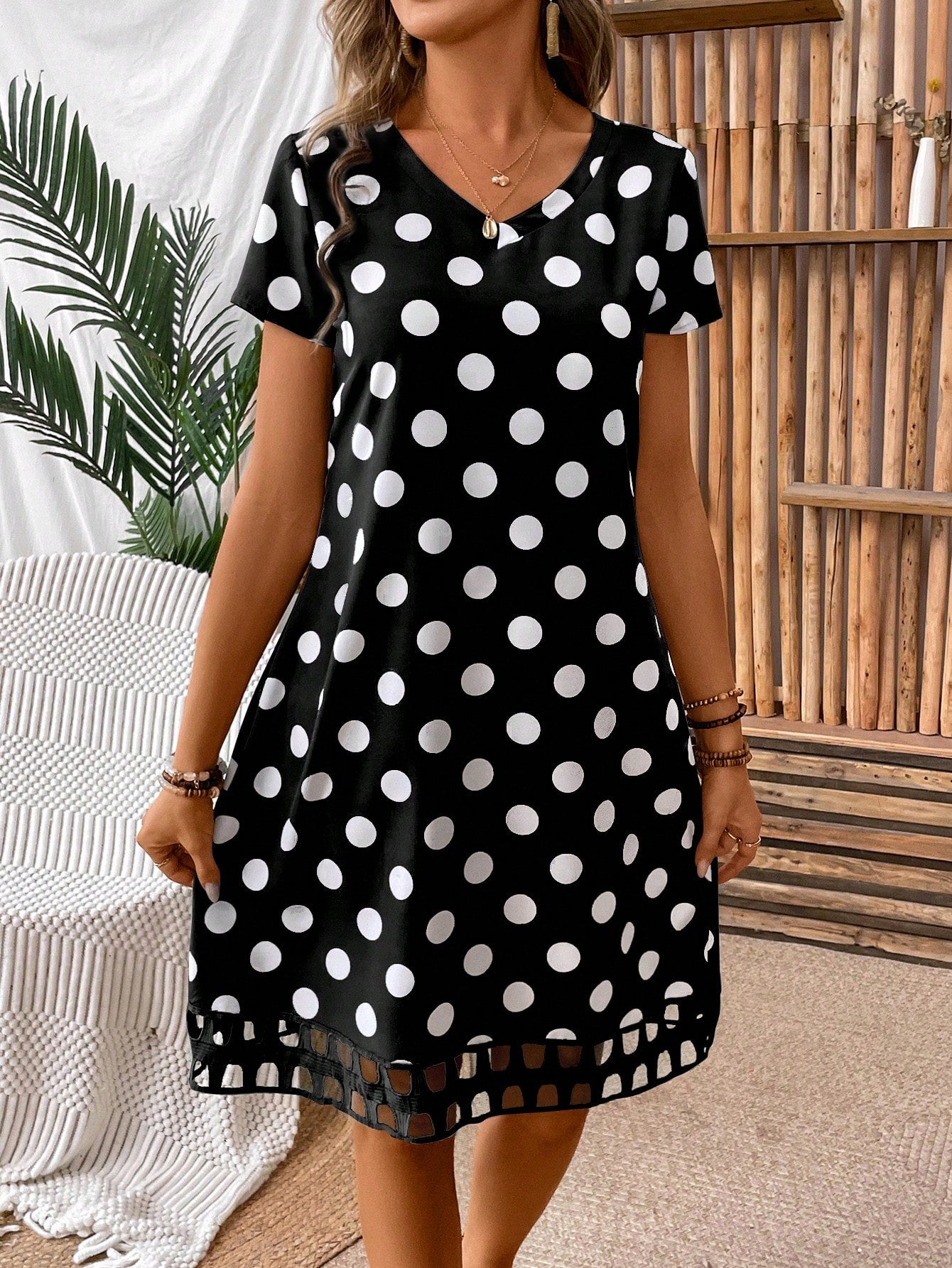 EMERY ROSE Women V-Neck Short Sleeve Polka Dot Allover Print Hollow-Out Splice Casual Dress