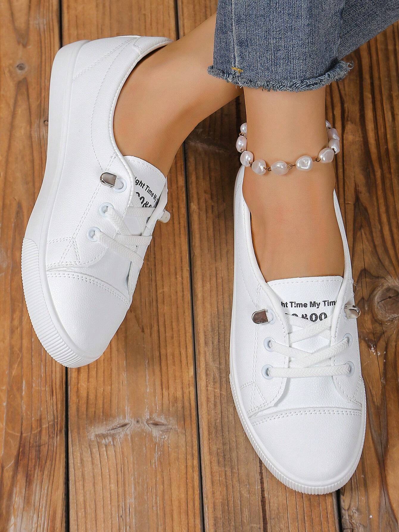 Fashion White Sneakers For Students, Comfortable Flat Front Lace-Up Casual Sports Shoes