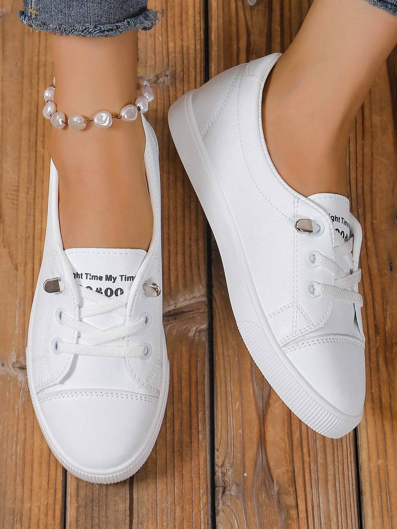 Fashion White Sneakers For Students, Comfortable Flat Front Lace-Up Casual Sports Shoes