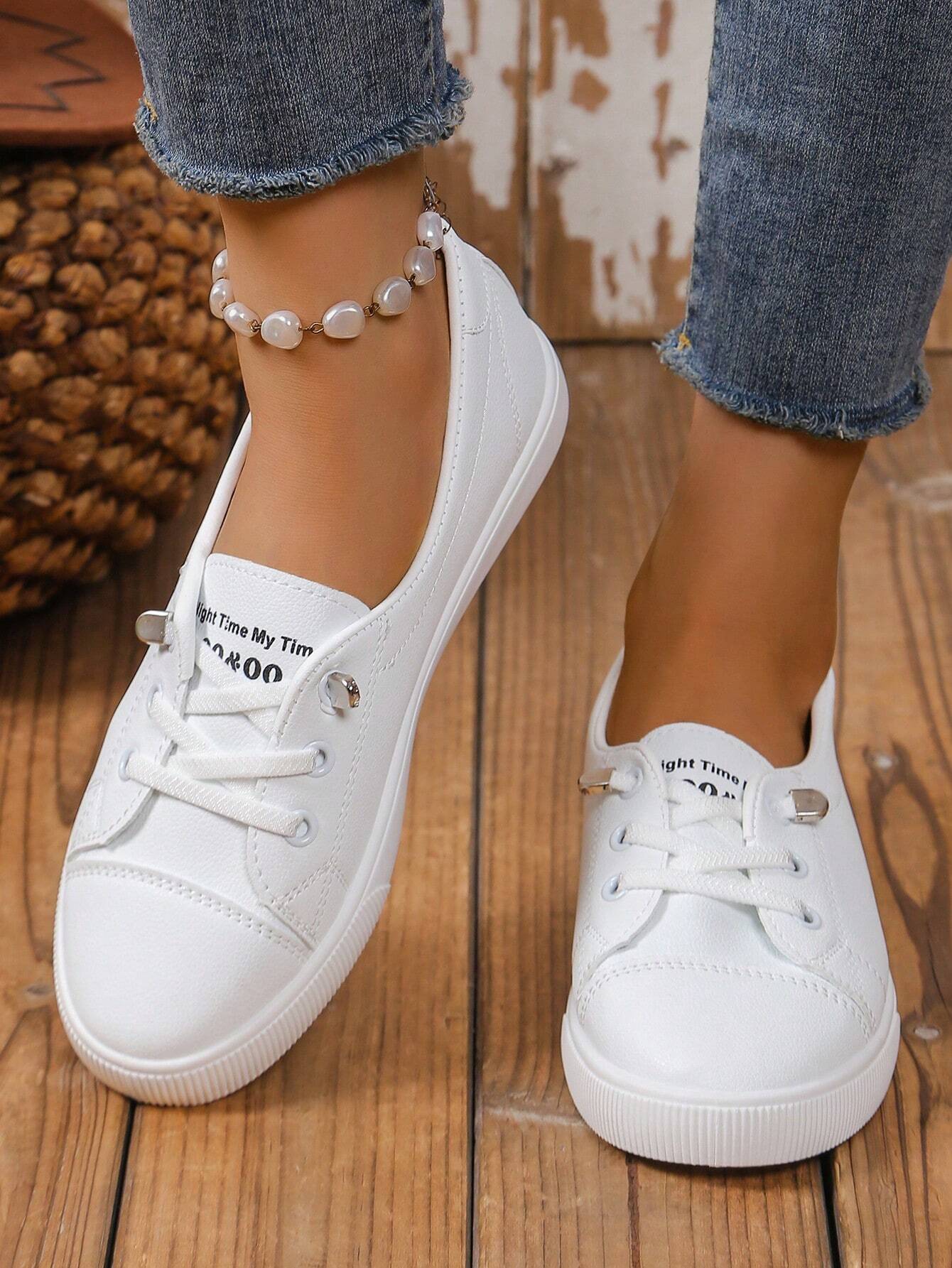 Fashion White Sneakers For Students, Comfortable Flat Front Lace-Up Casual Sports Shoes