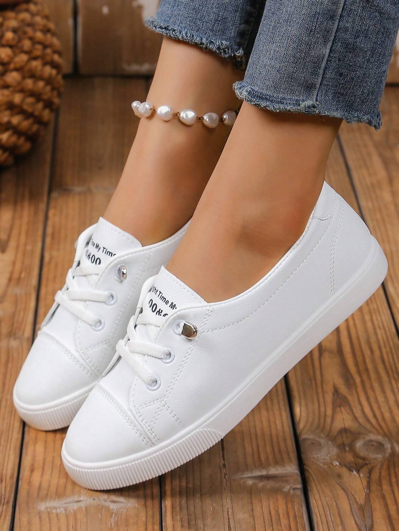 Fashion White Sneakers For Students, Comfortable Flat Front Lace-Up Casual Sports Shoes