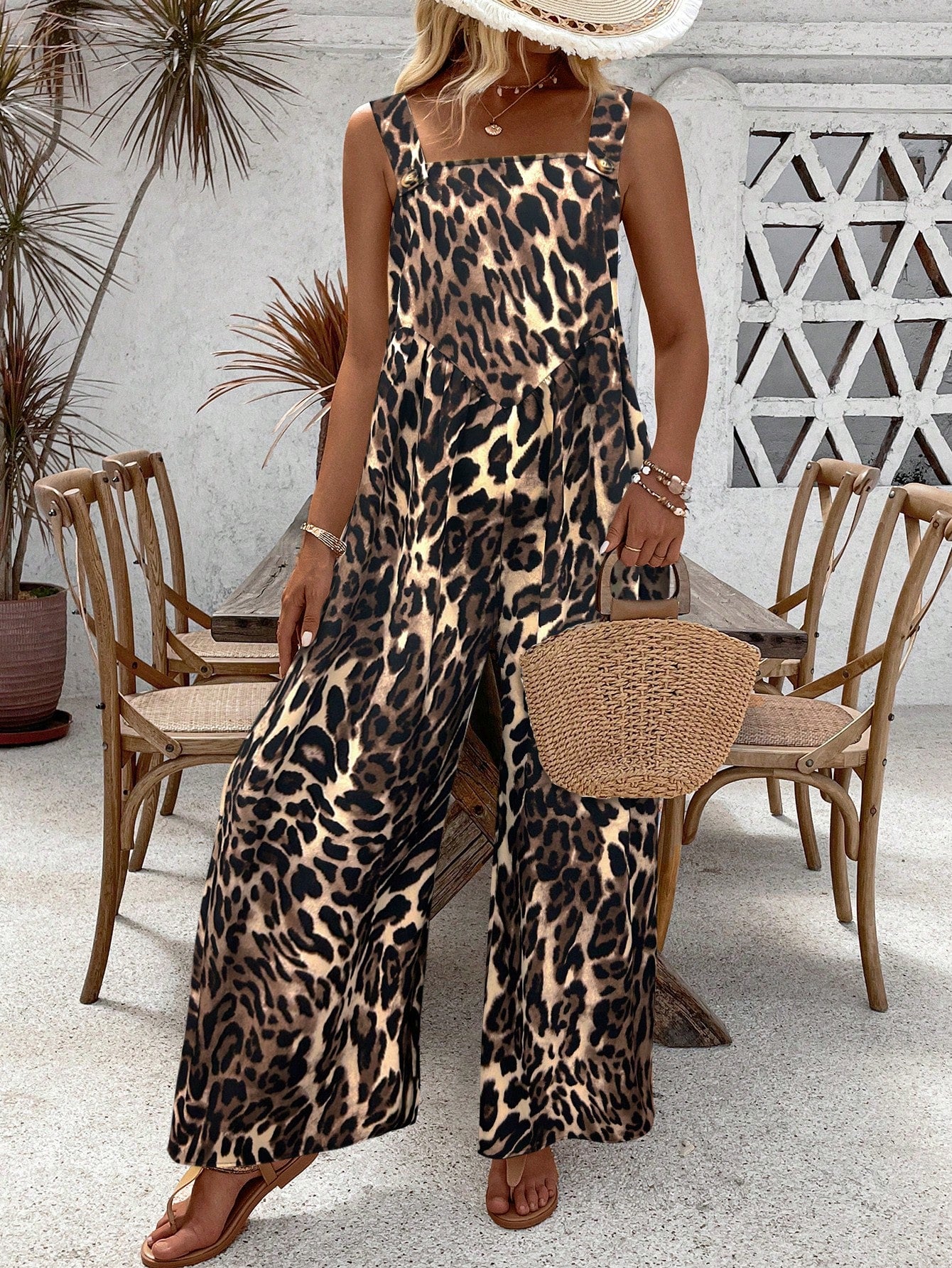 LUNE Women's Leopard Print Loose Fit Casual Sleeveless Jumpsuit