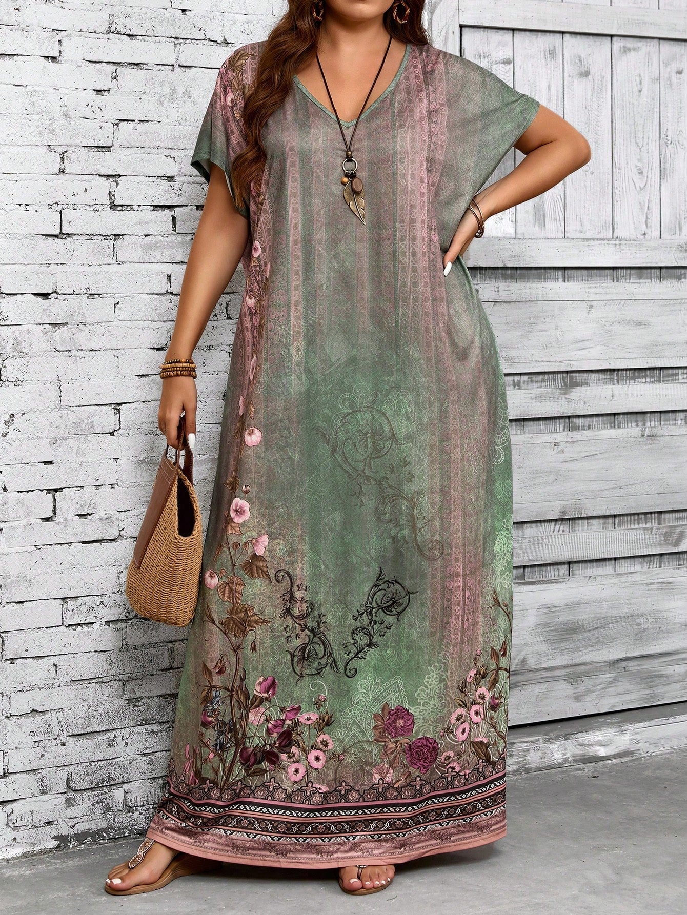 EMERY ROSE Plus Size Women Green Floral Print Dress