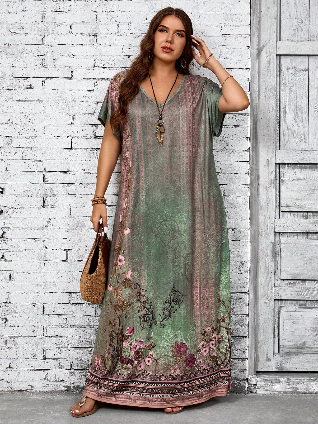 EMERY ROSE Plus Size Women Green Floral Print Dress